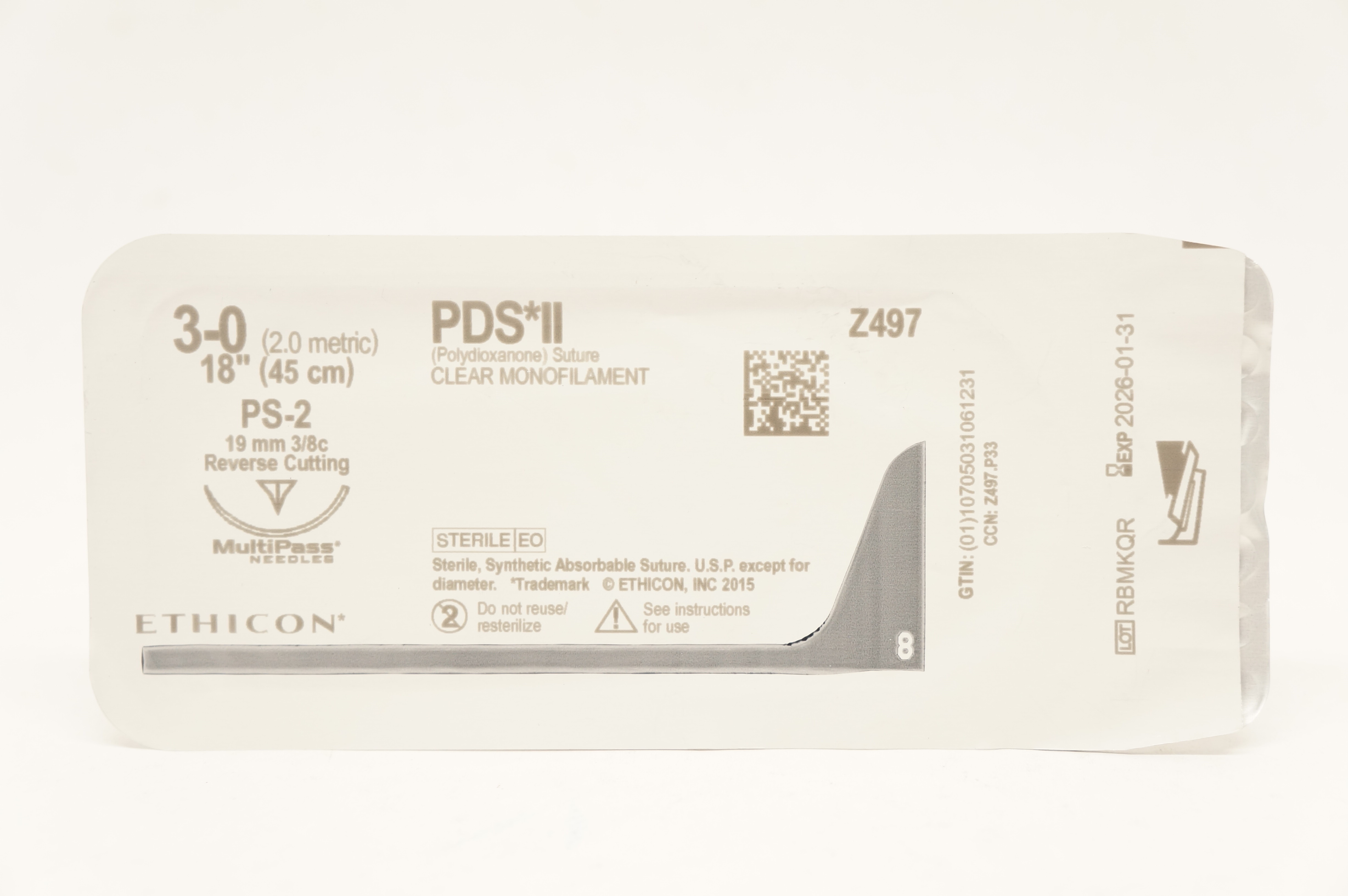 Ethicon Z497 3-0 PDS II, PS-2, 19mm 3/8c Reverse Cutting, 18inch