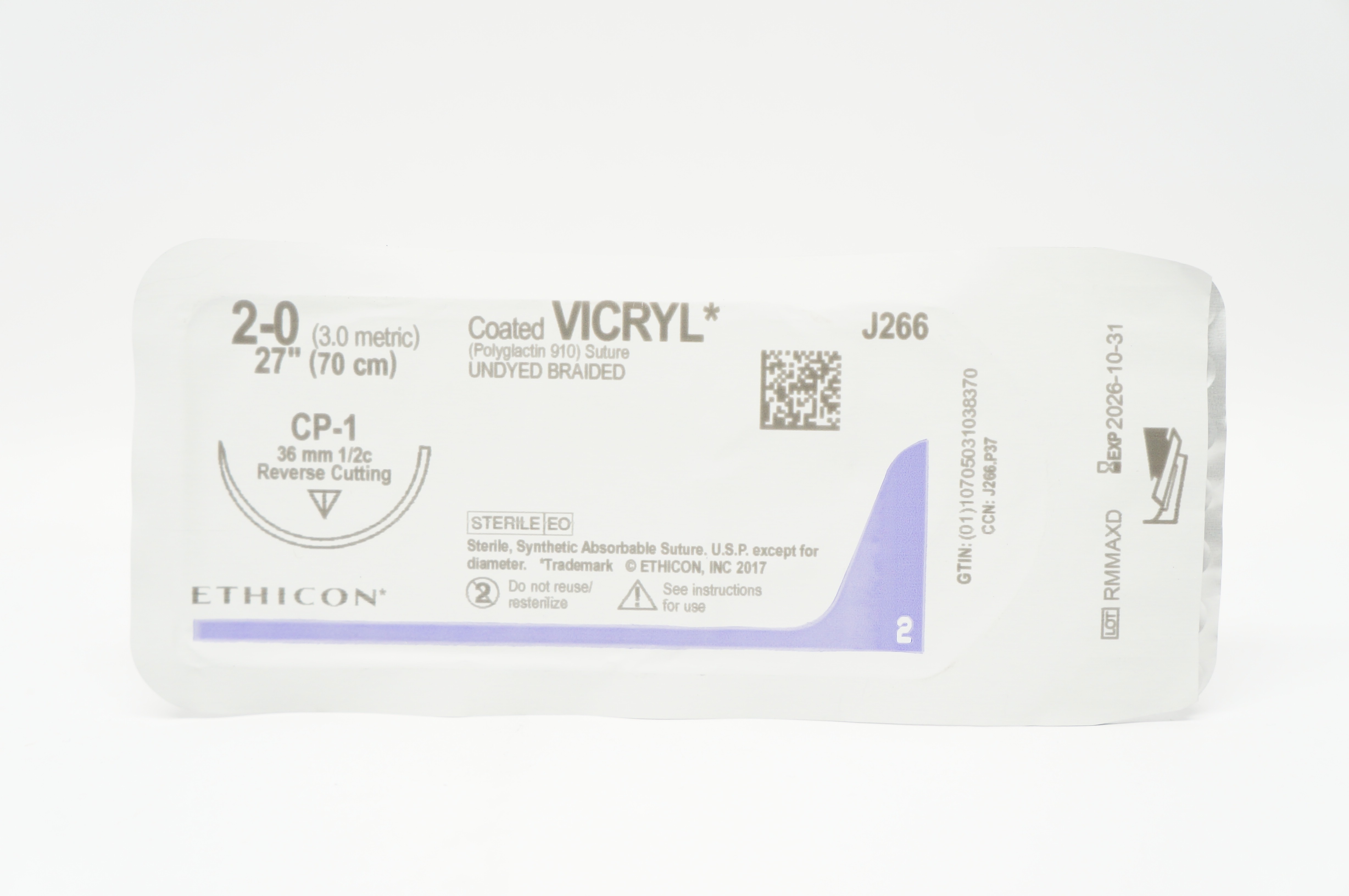 Ethicon J266 2-0 VICRYL, CP-1, 36mm 1/2c Reverse Cutting, 27inch