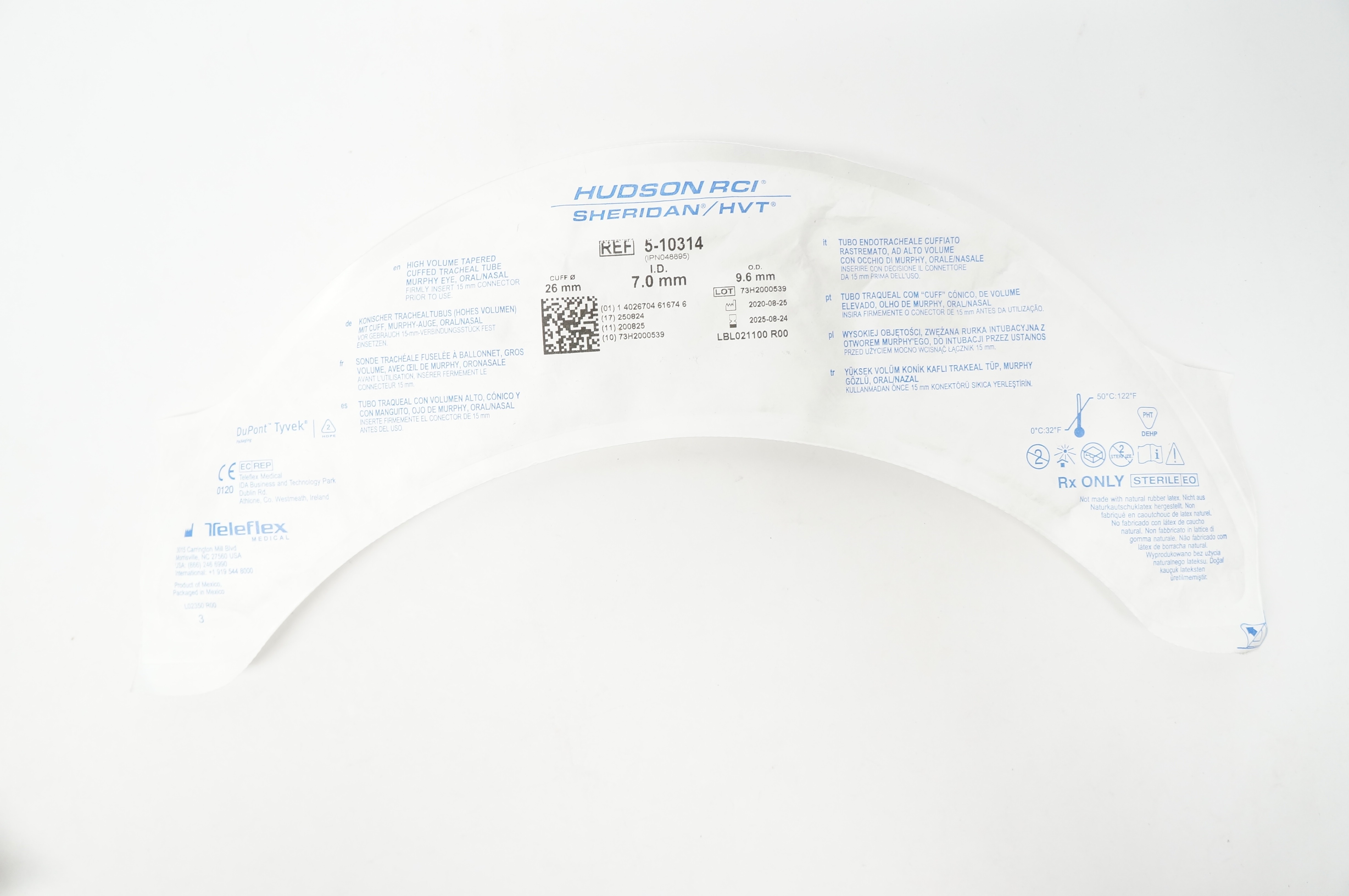 Teleflex 5-10314 Hudson RCI Sheridan HVT Cuffed Tracheal Tube 7.0 x 9.6 x 26mm