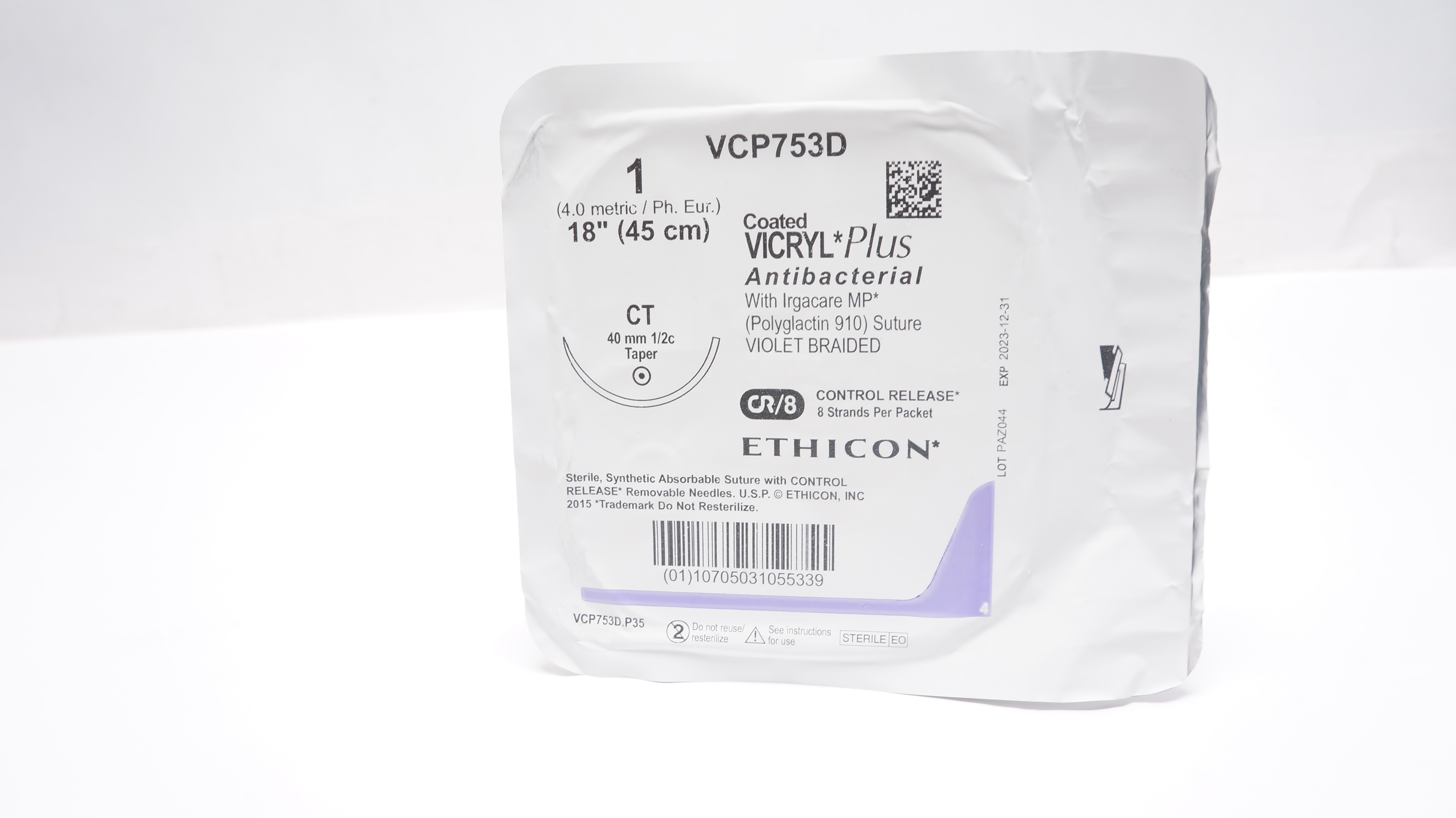 Ethicon VCP753D 1 Coated VICRYL Polyglactin Stre CT 40mm 1/2c Taper, 18inch (x)
