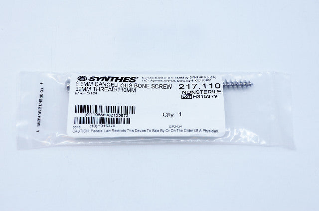 Synthes 217.110 6.5mm Cancellous Bone Screw 32mm Thread/110mm