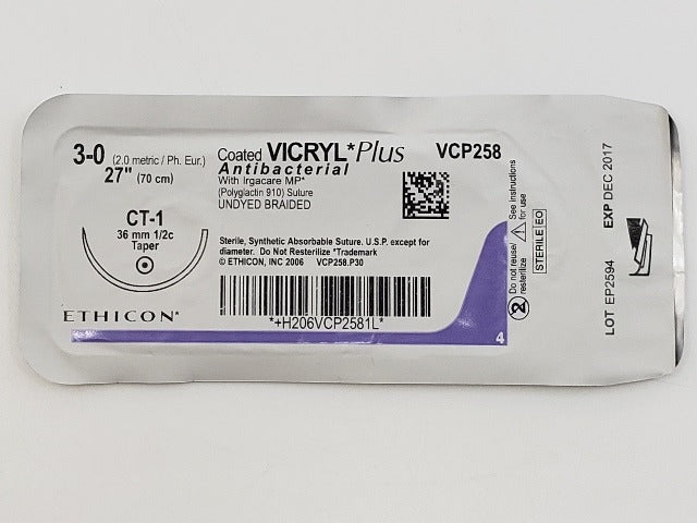 Ethicon VCP258 3-0 VICRYL Plus, CT-1, 36mm 1/2c Taper, 27in. (x)