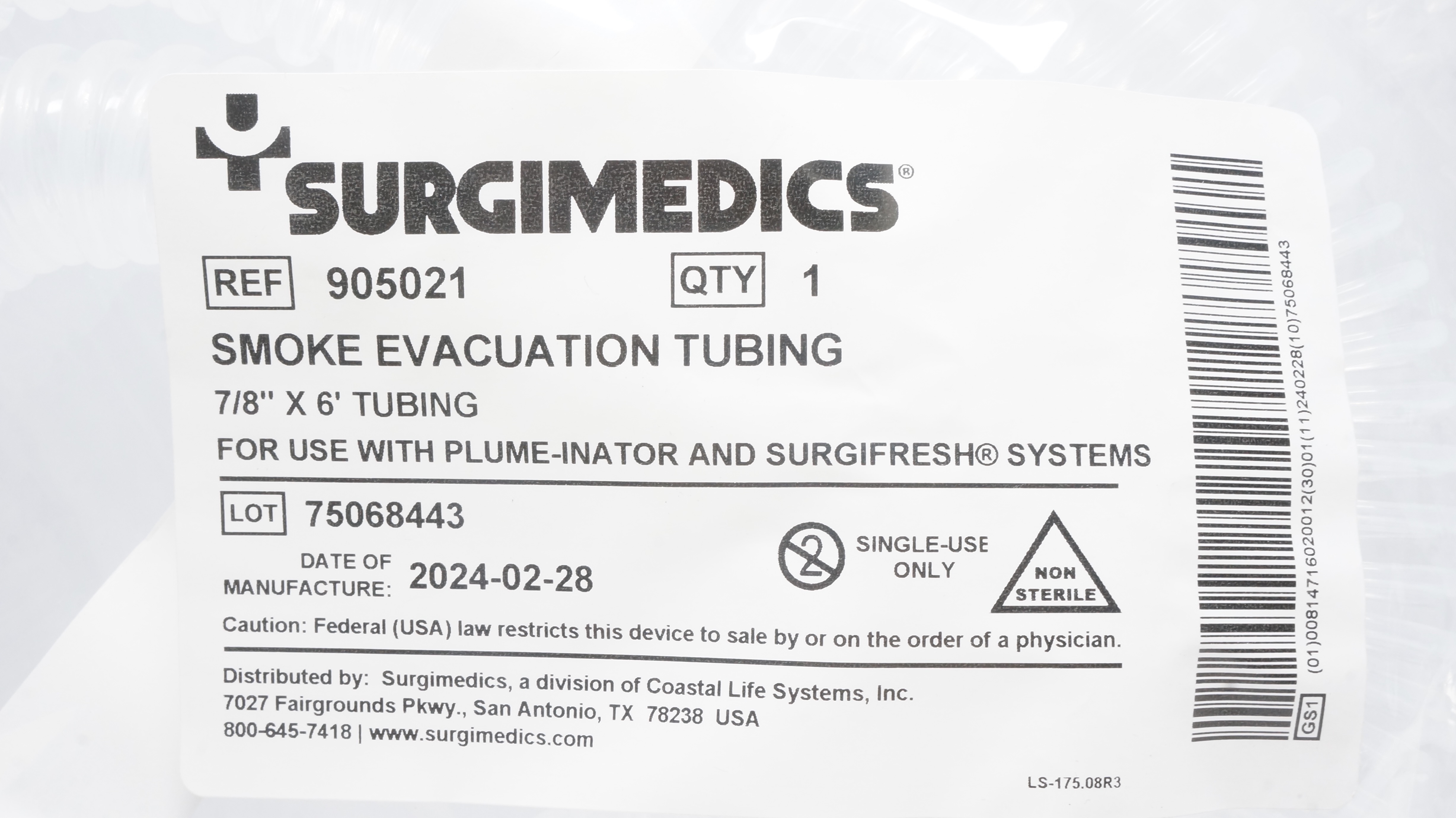 Surgimedics 905021 Smoke Evacuation Tubing 7/8inch x 6ft. (x)