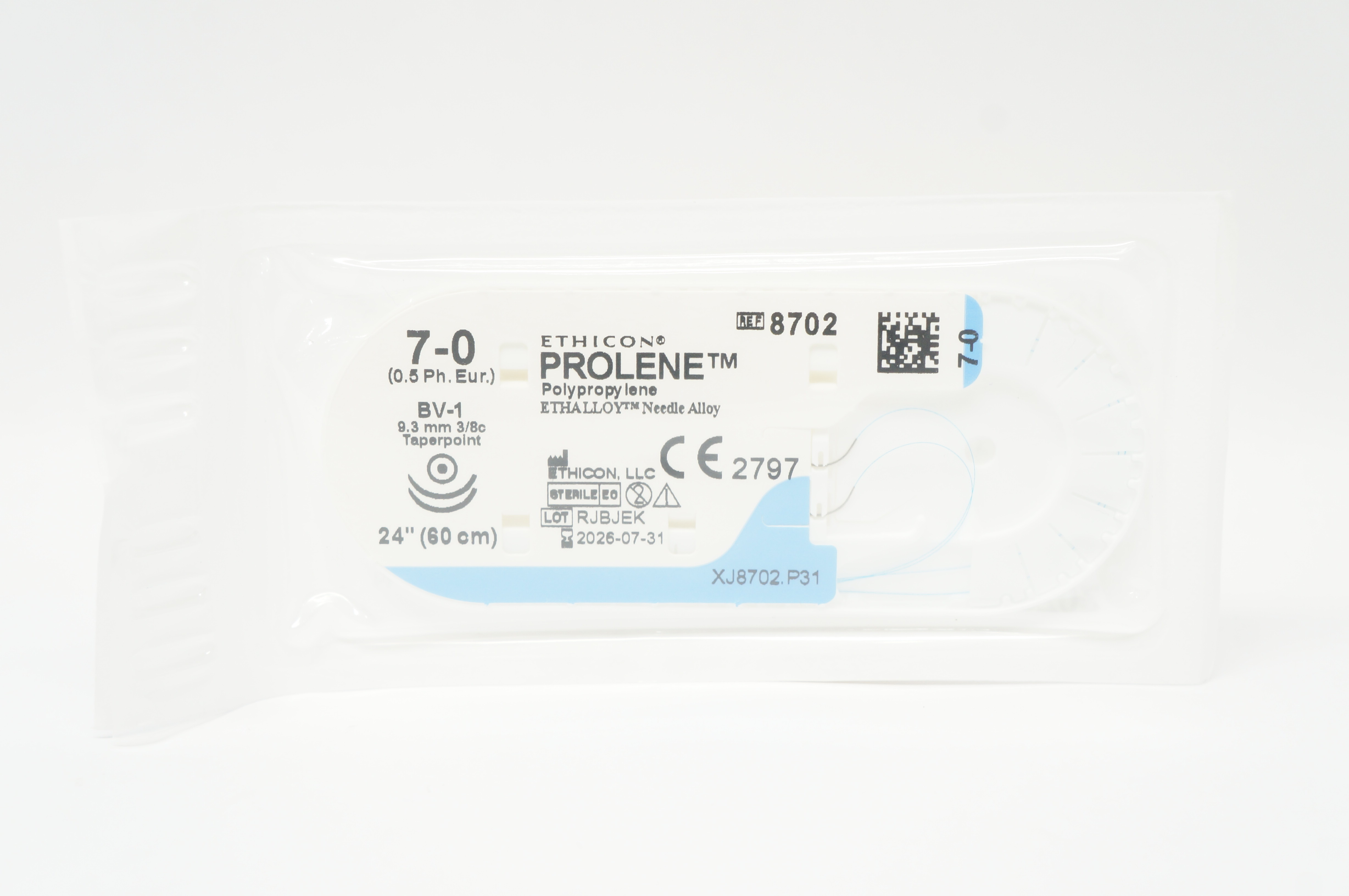 Ethicon 8702 7-0 Prolene Polypropylene Stre BV-1 9.3mm 3/8c Taperpoint, 24inch