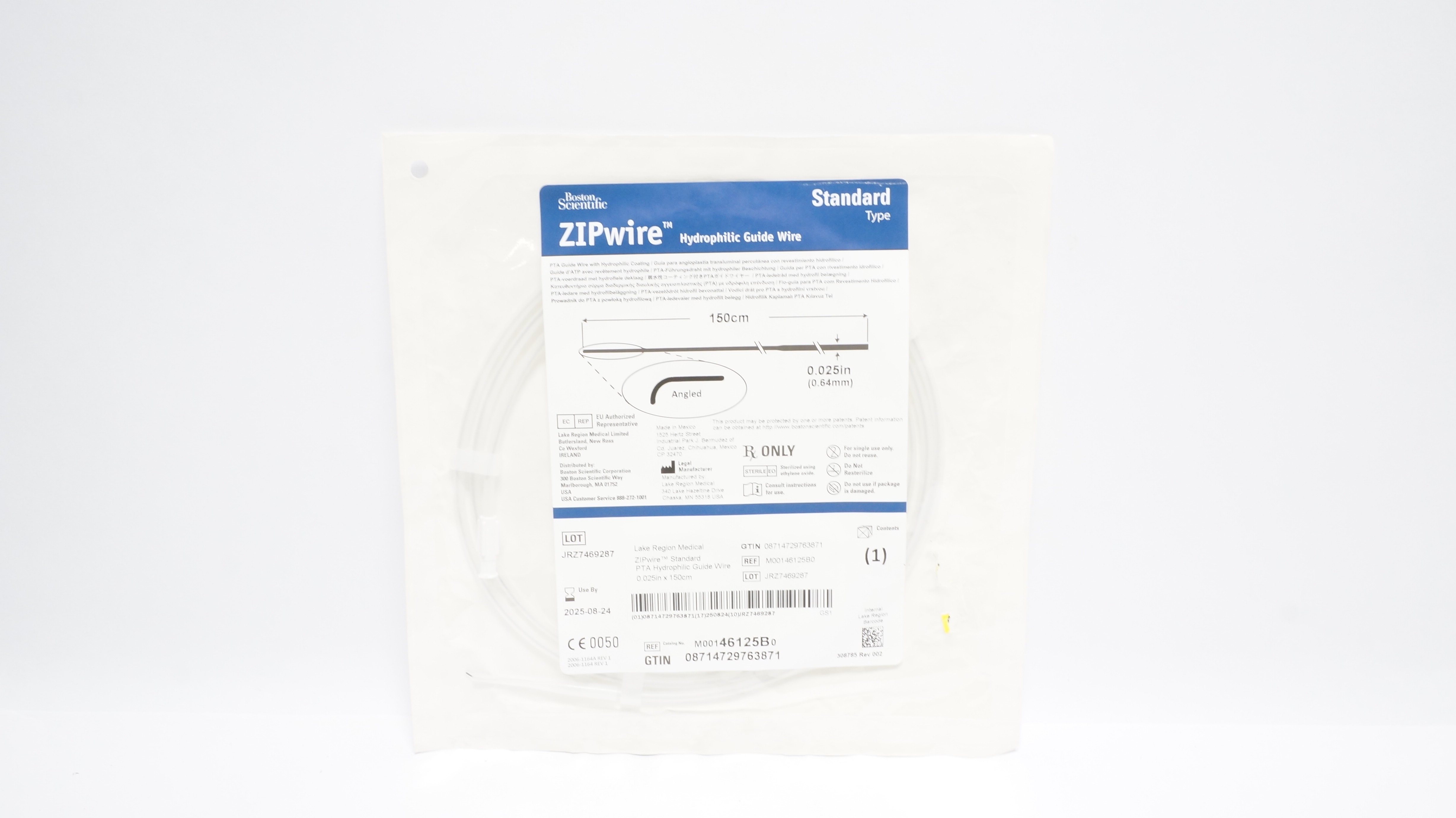Boston Scientific 46125B ZIPWire Hydrophilic Guide Wire 150cmx 0.025In Angled(x)