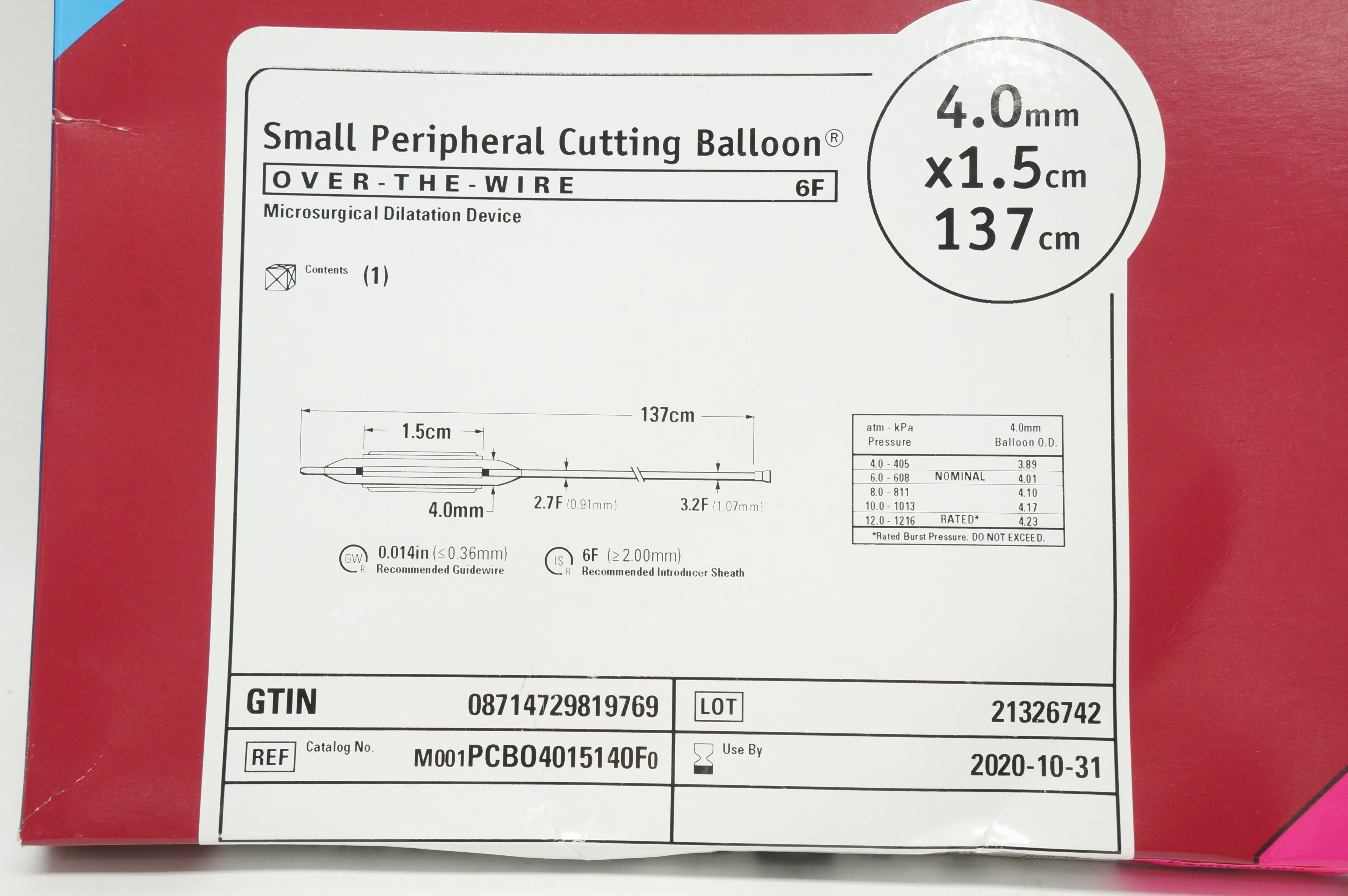 Boston Scientific M001PCB04015140F0 Dilatation Device 4.0mm x 1.5cm x 135cm(x)
