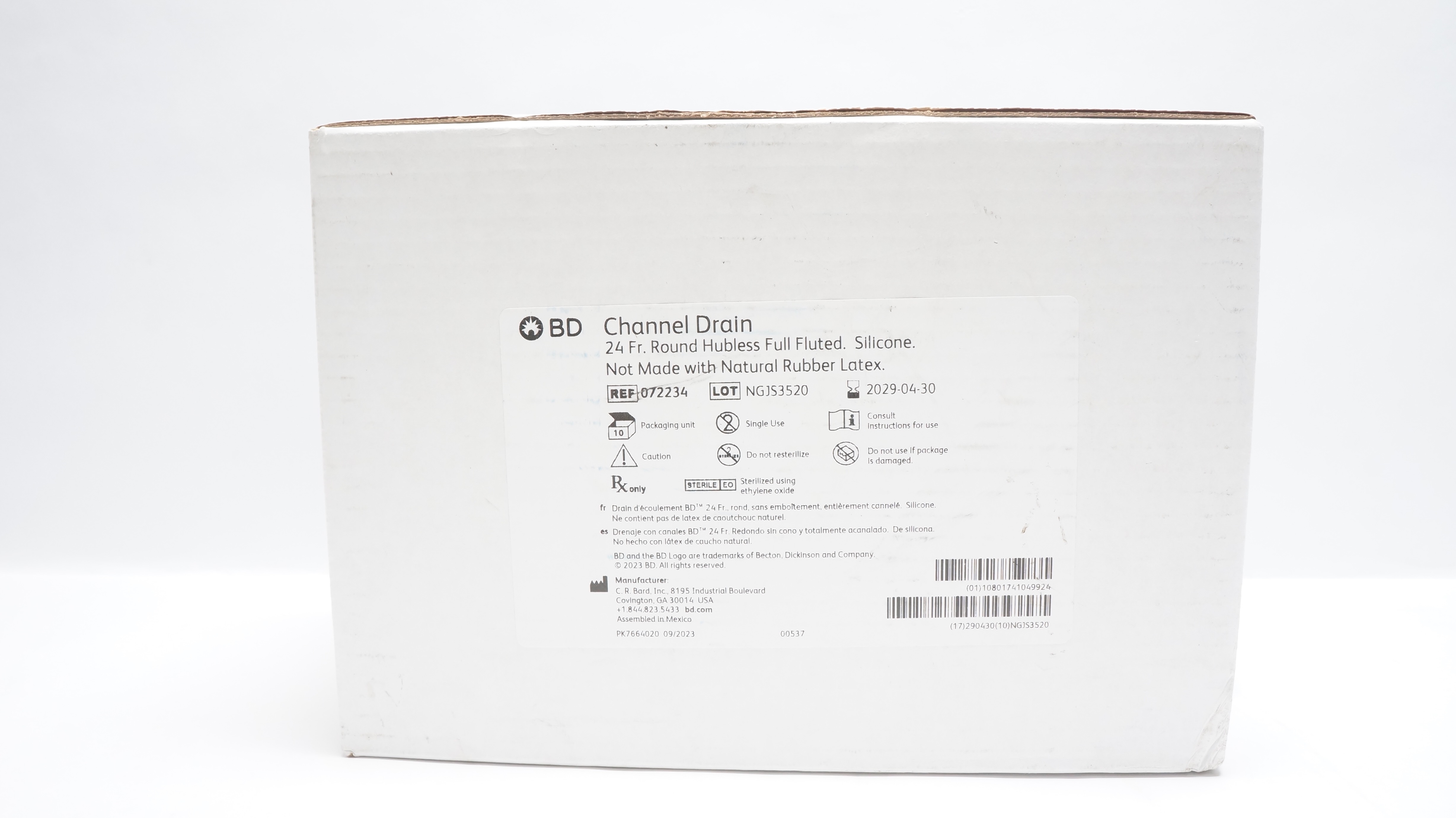 Bard 072234 BD Channel Drain 24 Fr. Round Hubless Full Fluted - Box of 10