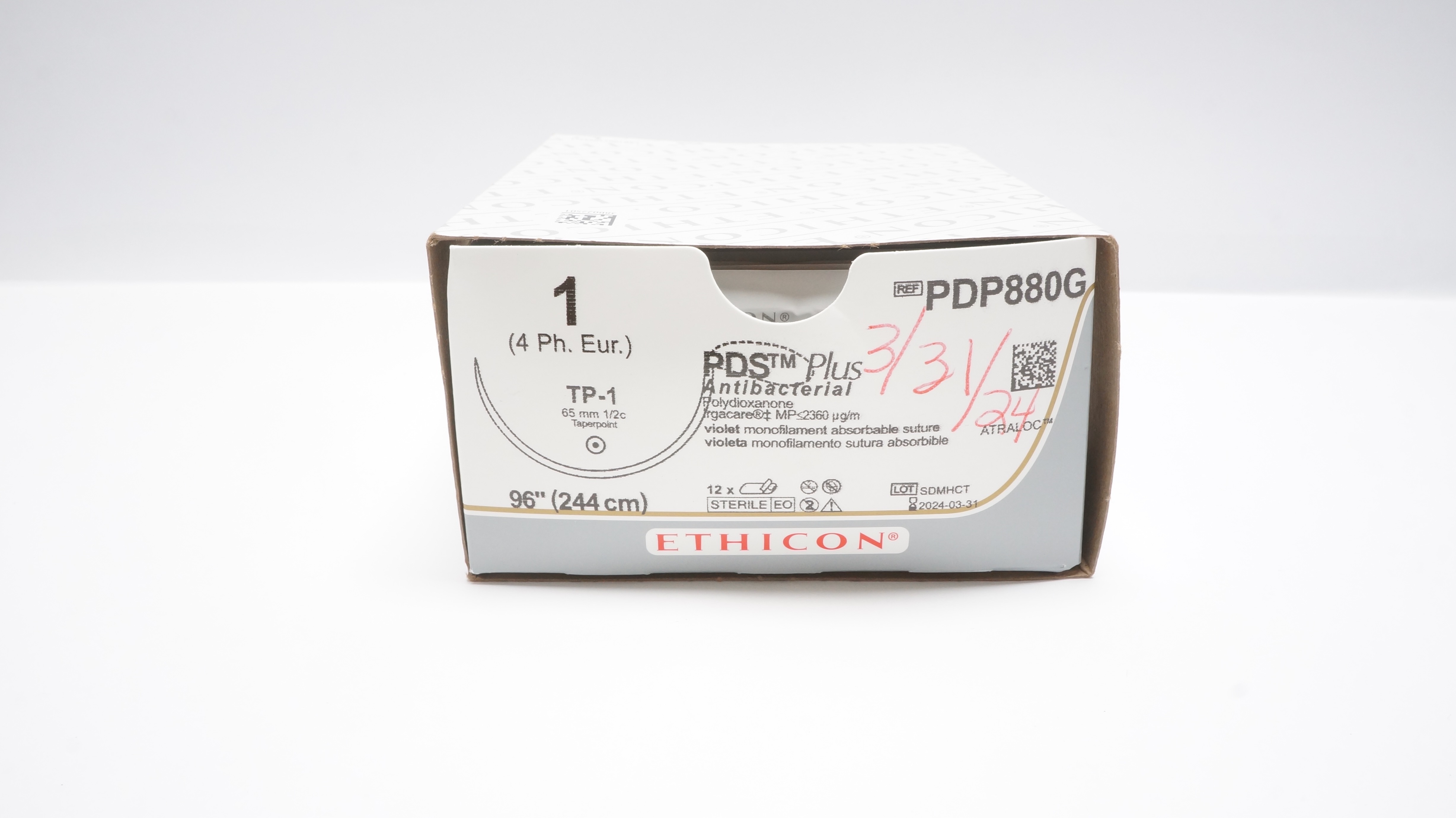 Ethicon PDP880G 1 PDS Plus TP-1 65mm 1/2c Taperpoint 96inch (x) - Box of 12