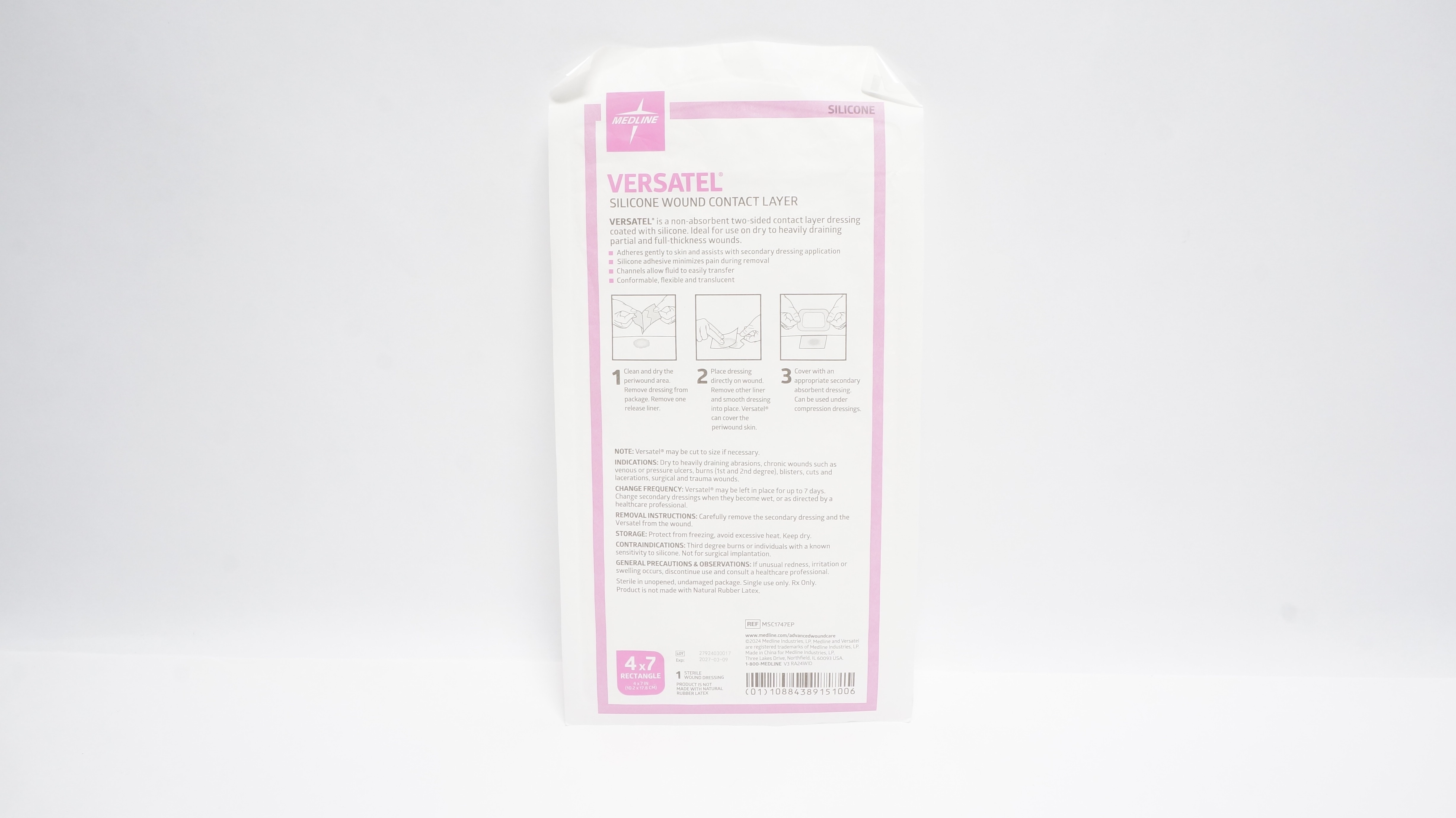 Medline MSC1747EP Versatel Silicone Wound Cotact Layer 4 x 7inch