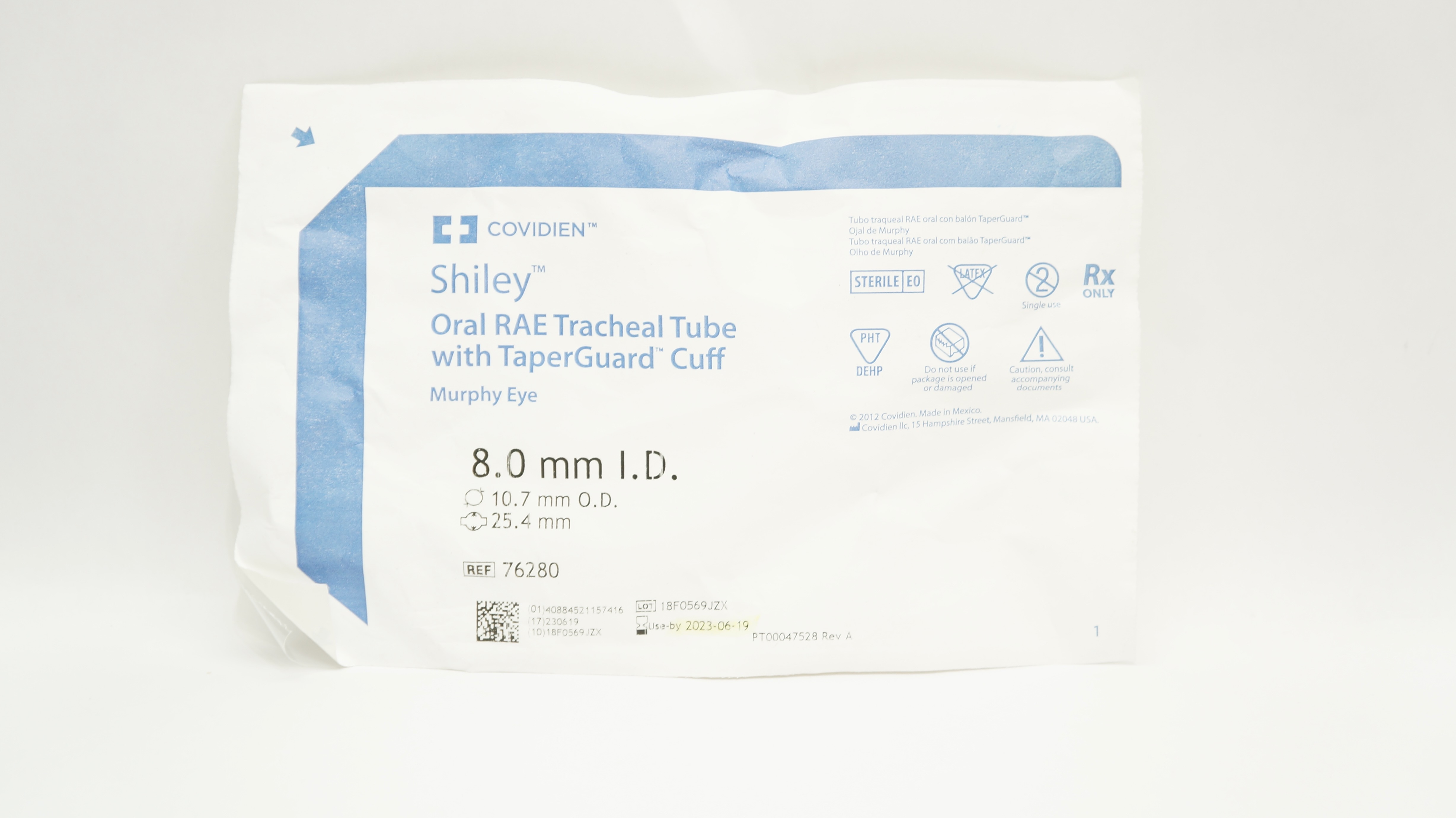 Covidien 76280 Shiley Oral RAE Tracheal Tube w/Cuff 8.0 ID x 10.7 OD x 25.4mm(x)