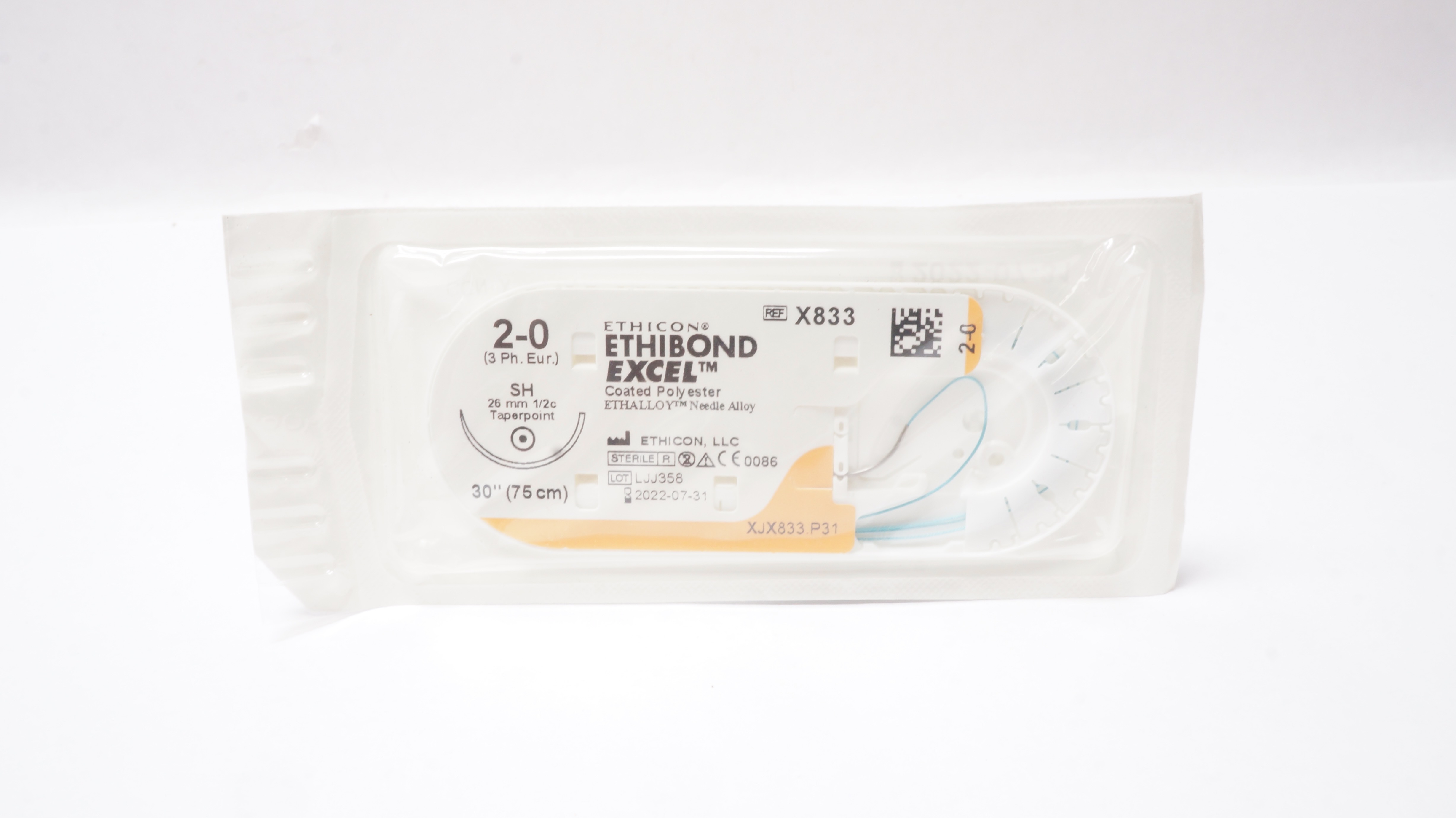 Ethicon X833 2-0 ETHIBOND EXCEL Polyester SH 26mm 1/2c Taper, 30inch (x)