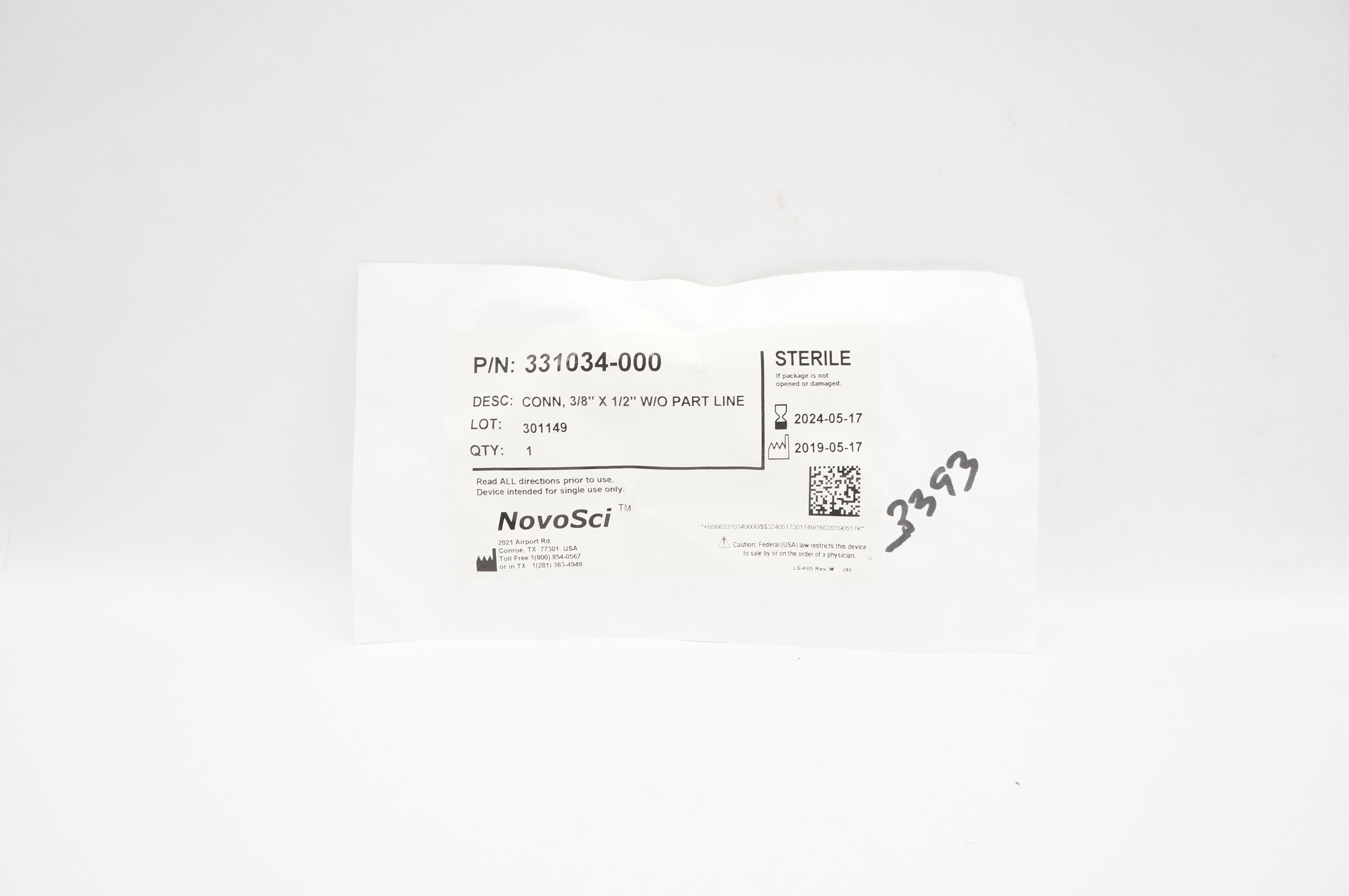 NovoSci 331034-000 Connector, 3/8inch x 1/2inch W/O Part Line