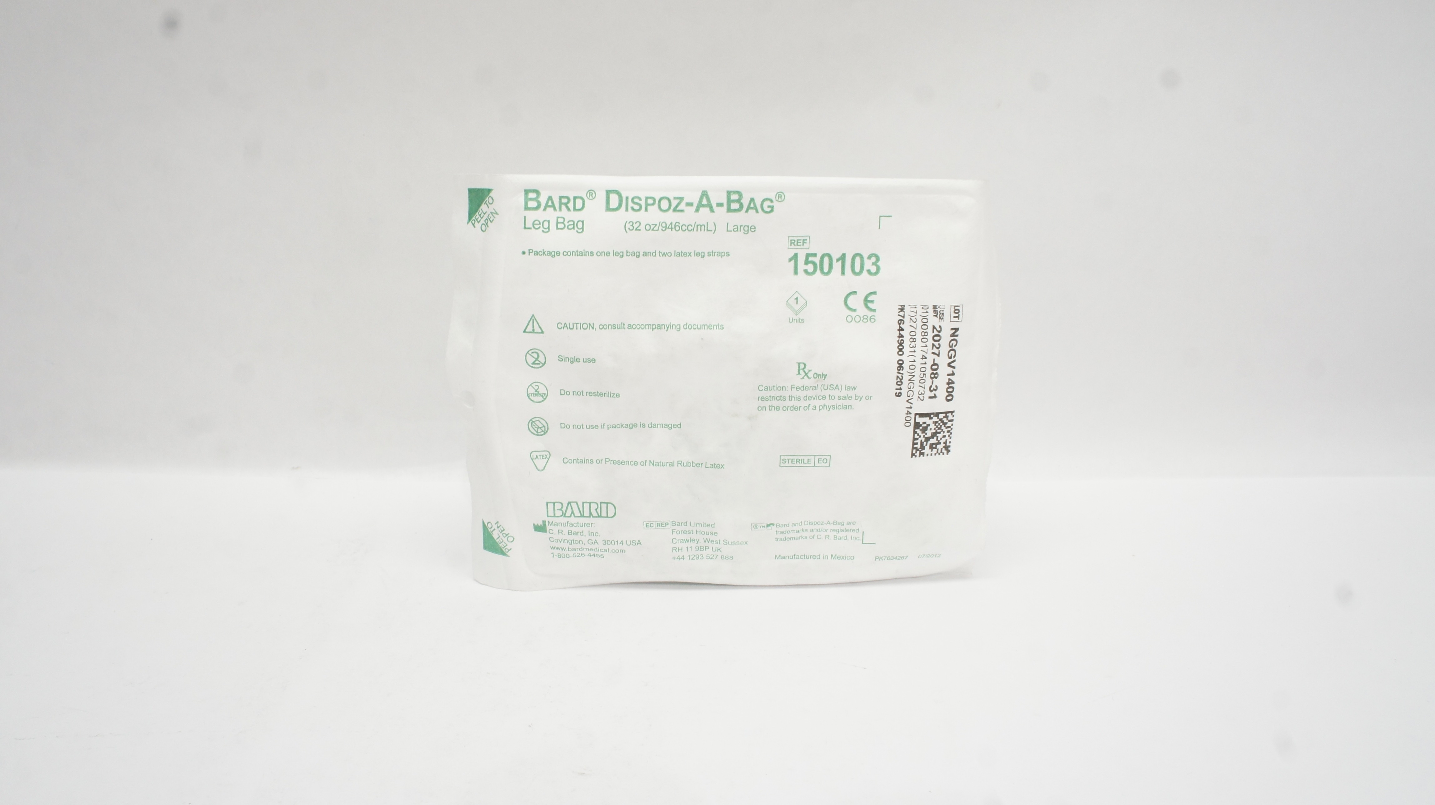 Bard 150103 Dispoz-A-Bag Leg Bag with Leg Straps, Large, 32oz/946cc/mL
