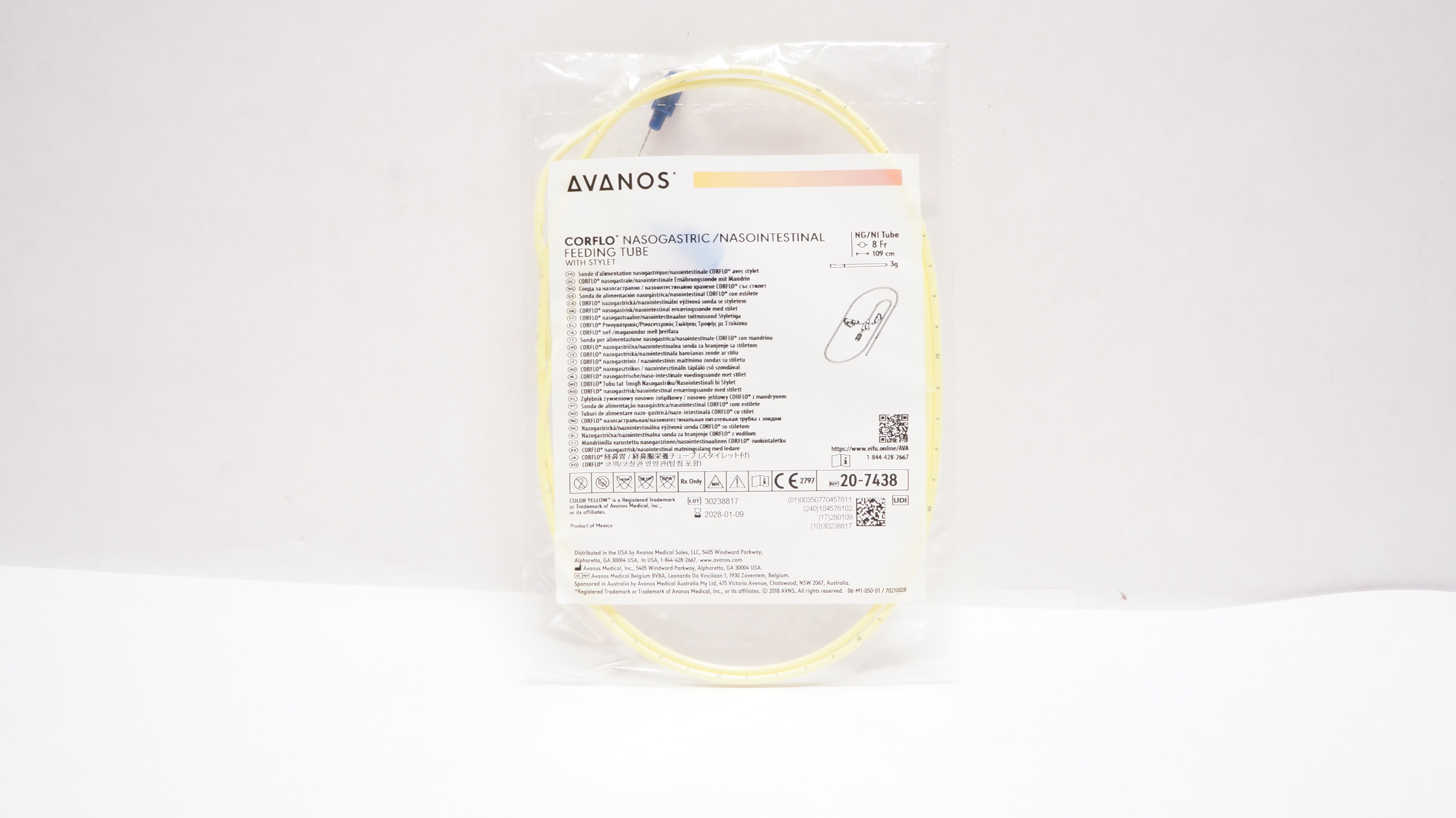 Avanos 20-7438 CORFLO Nasogastric/Nasointestinal Feeding Tube 8Fr x 109cm