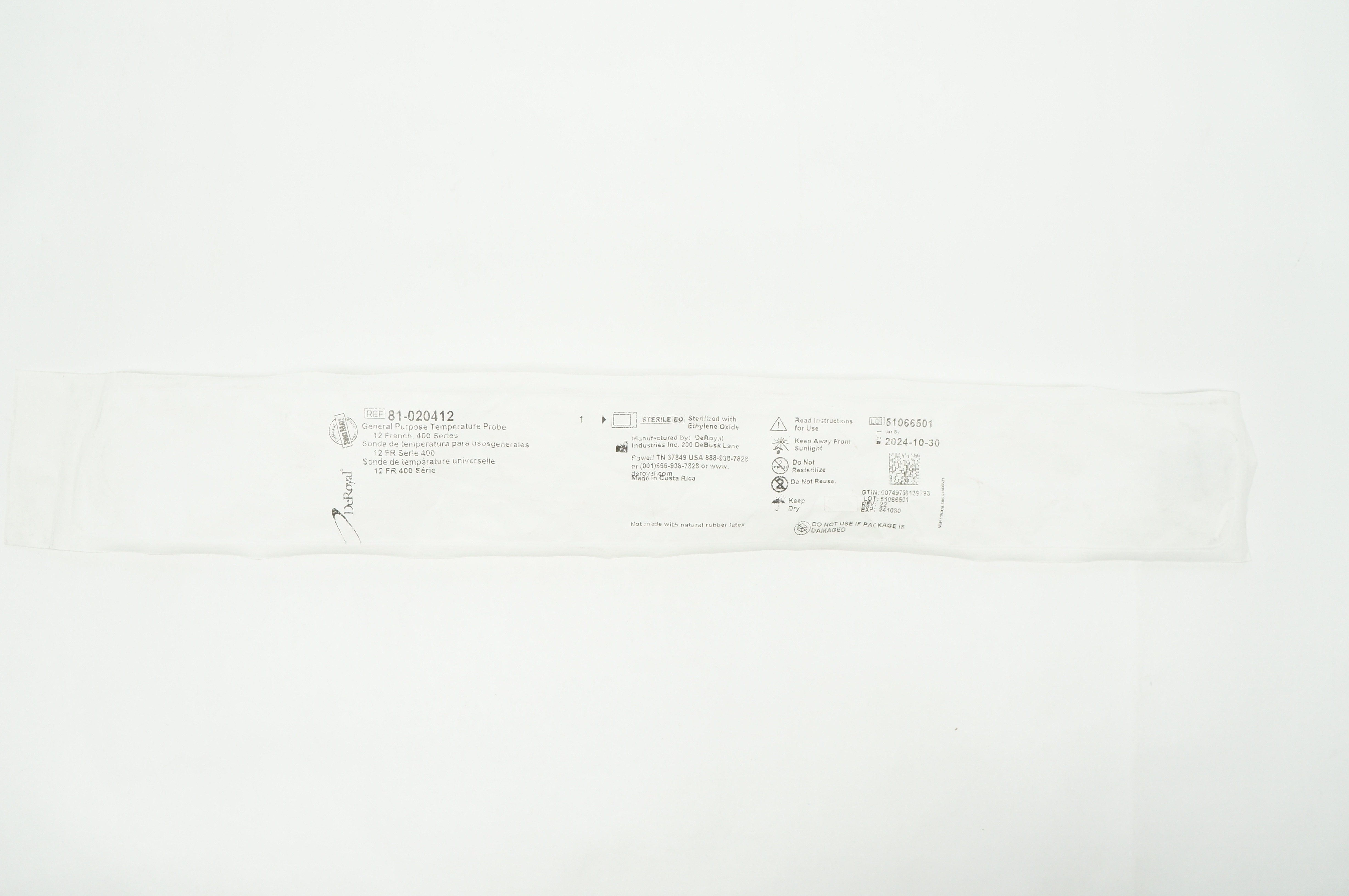 DeRoyal 81-020412 General Purpose Temperature Probe 12Fr., 400 Series