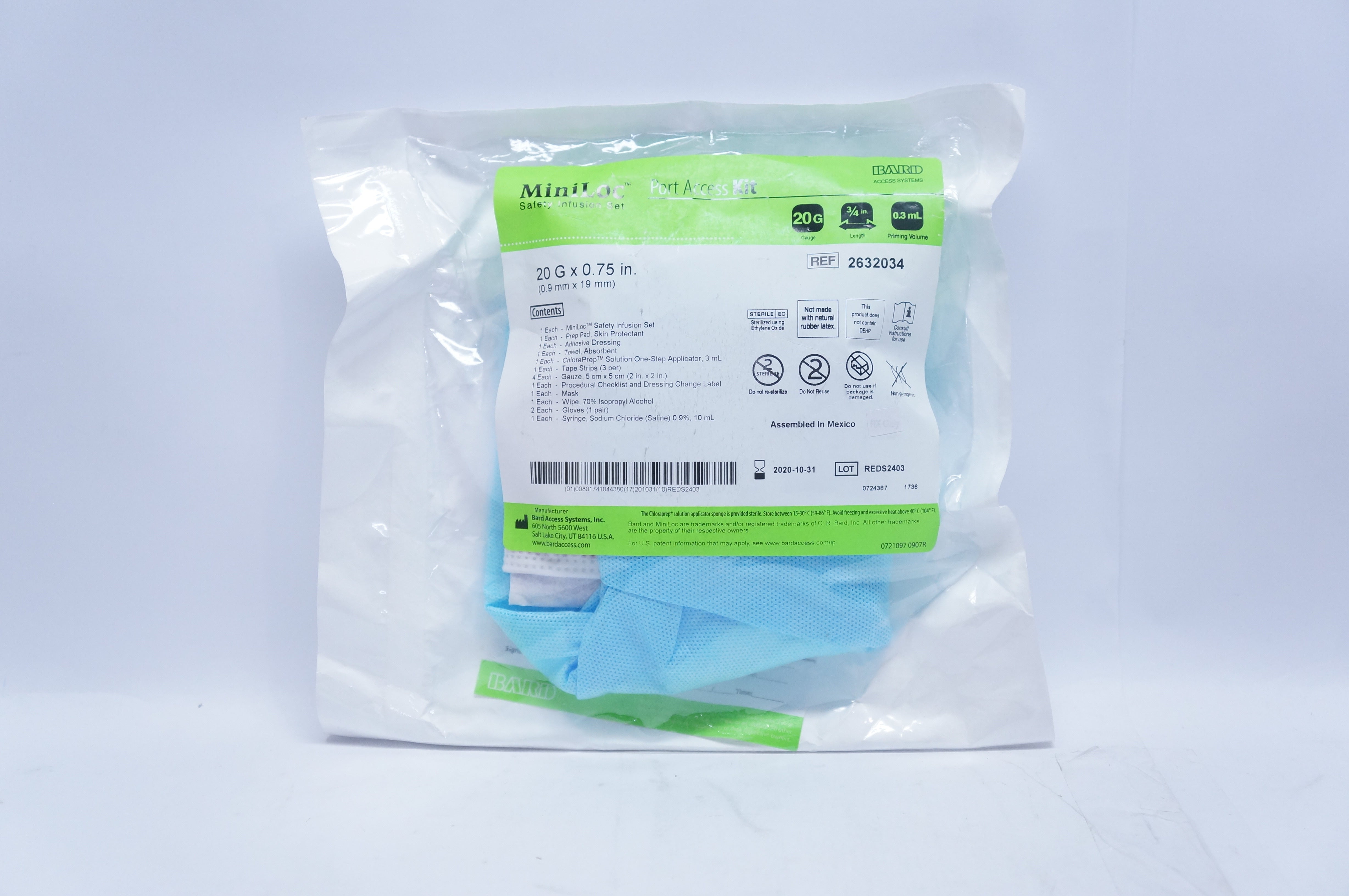Bard 2632034 MiniLoc Safety Infusion Set Port Access Kit 20G x 0.75 inch x 0.3mL