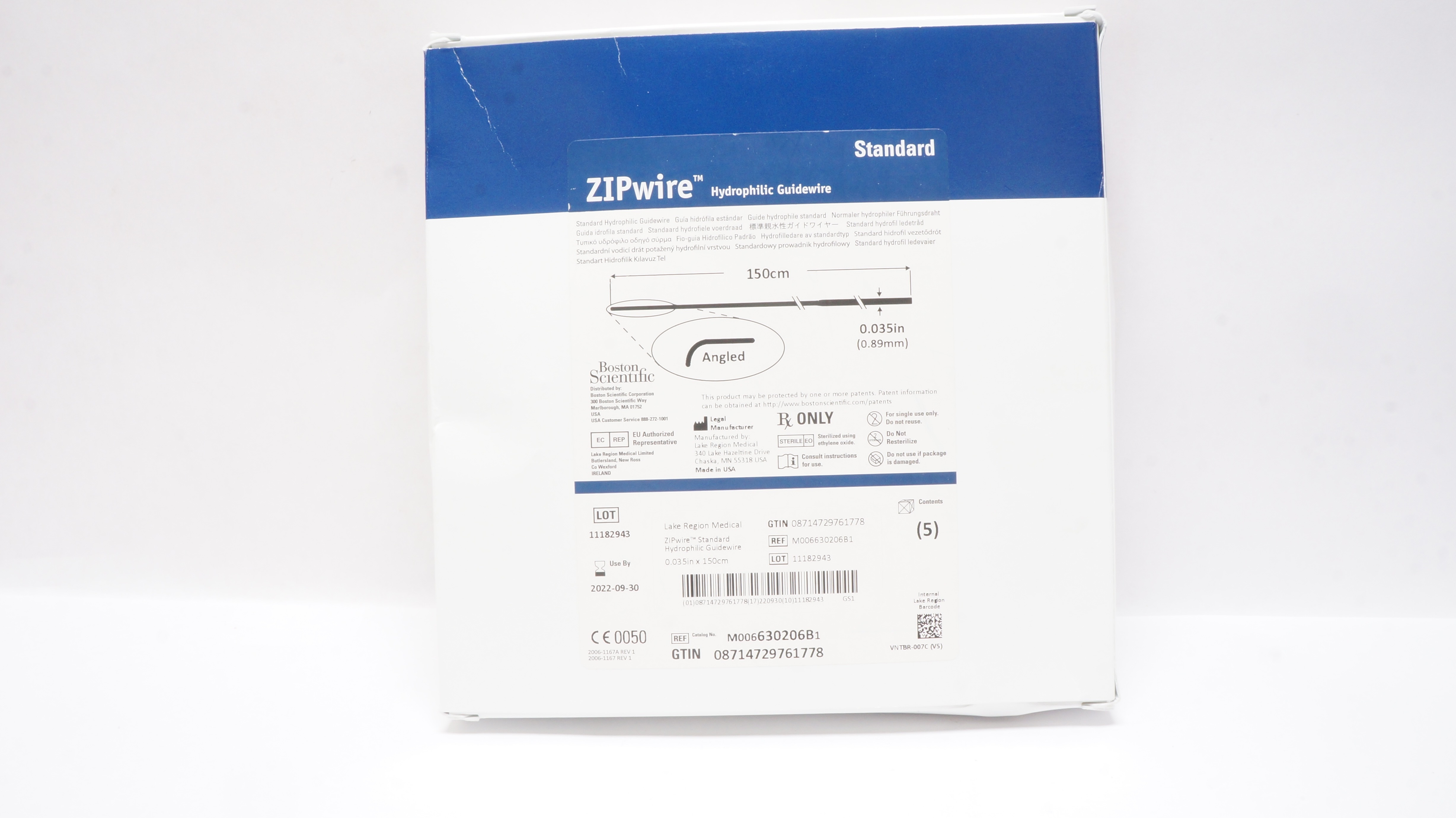 Boston Scientific 630206B Hydrophilic Guidewire,Angled,0.035inx150cm(x)-Box of 5