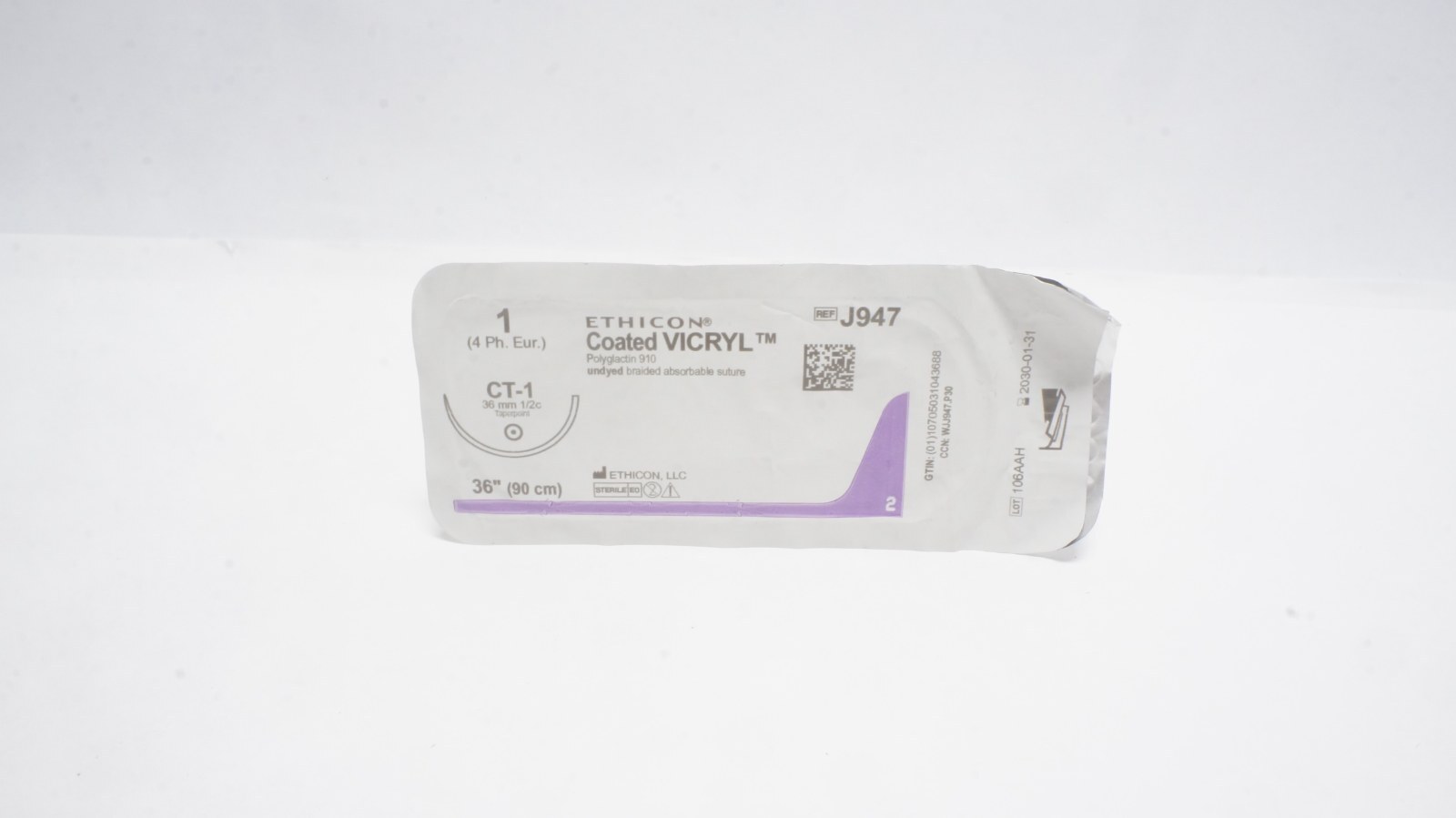 Ethicon J947 Coated VICRYL Suture 1 CT-1 36" Undyed