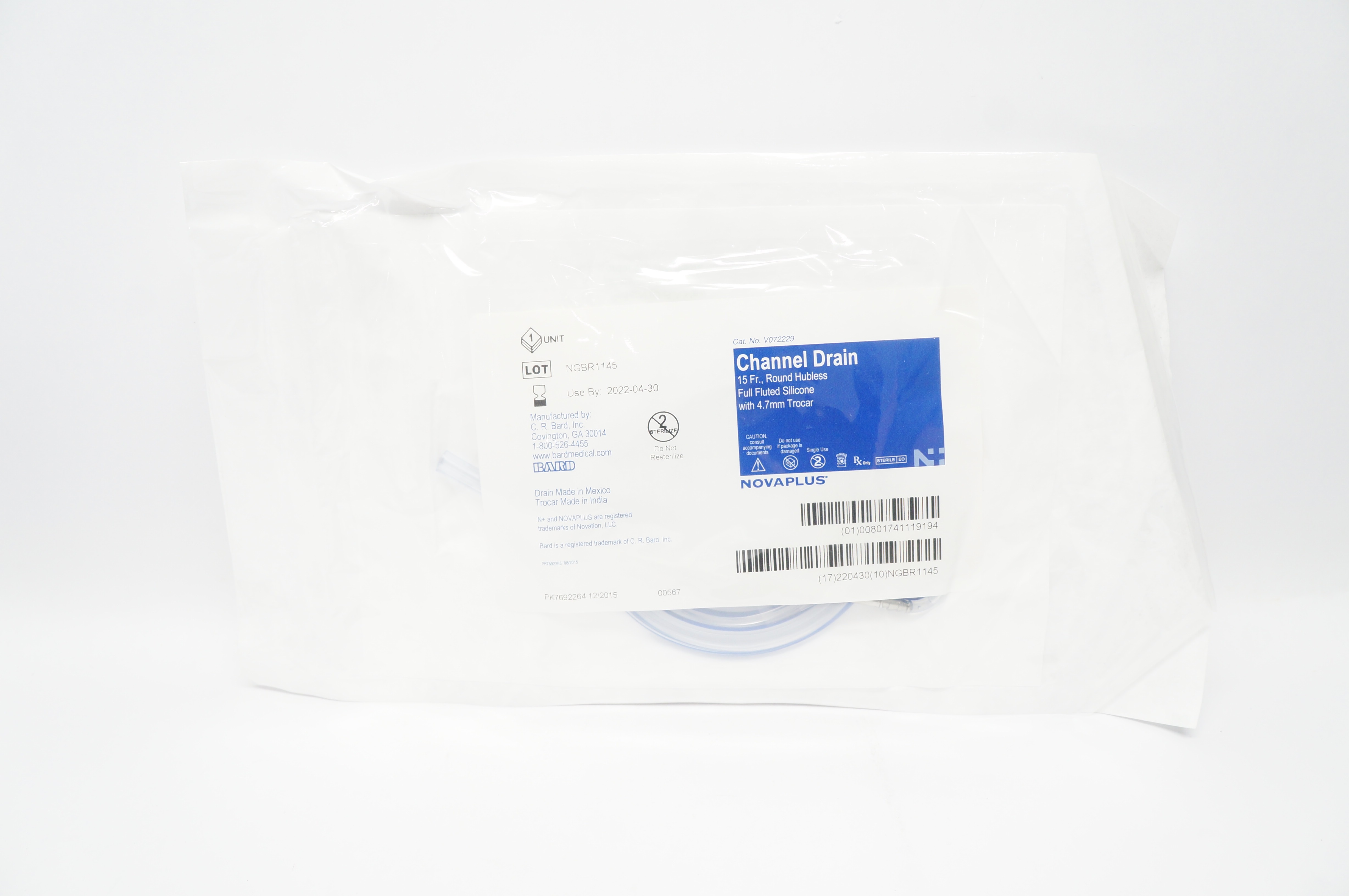 Bard V072229 NOVAPLUS Channel Drain 15Fr. Round Hubless w/ Trocar 4.7 mm (x)