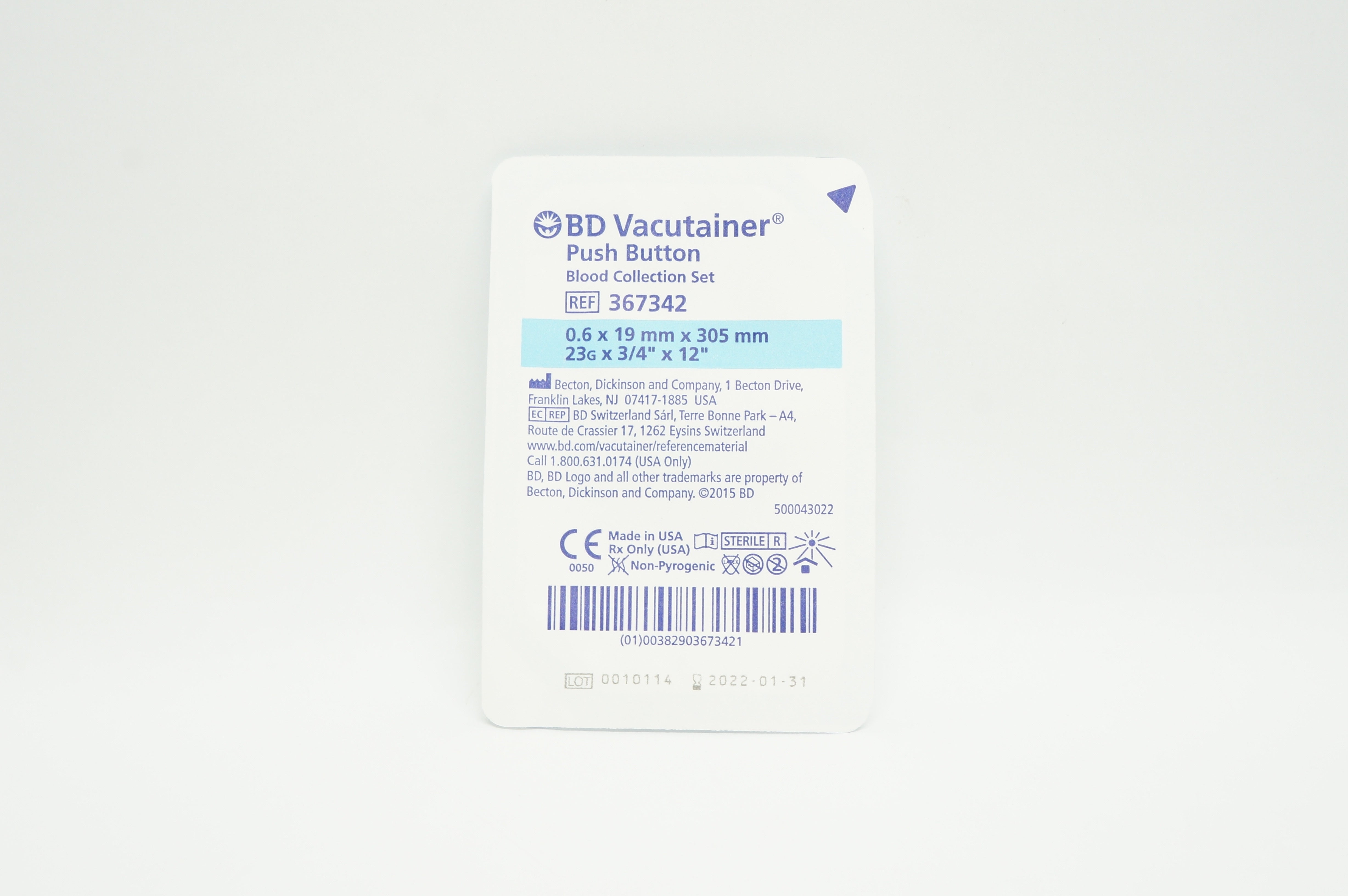 Becton 367342 BD Vacutainer Push Button Blood Collection Set 23G x 3/4in. x 12in.