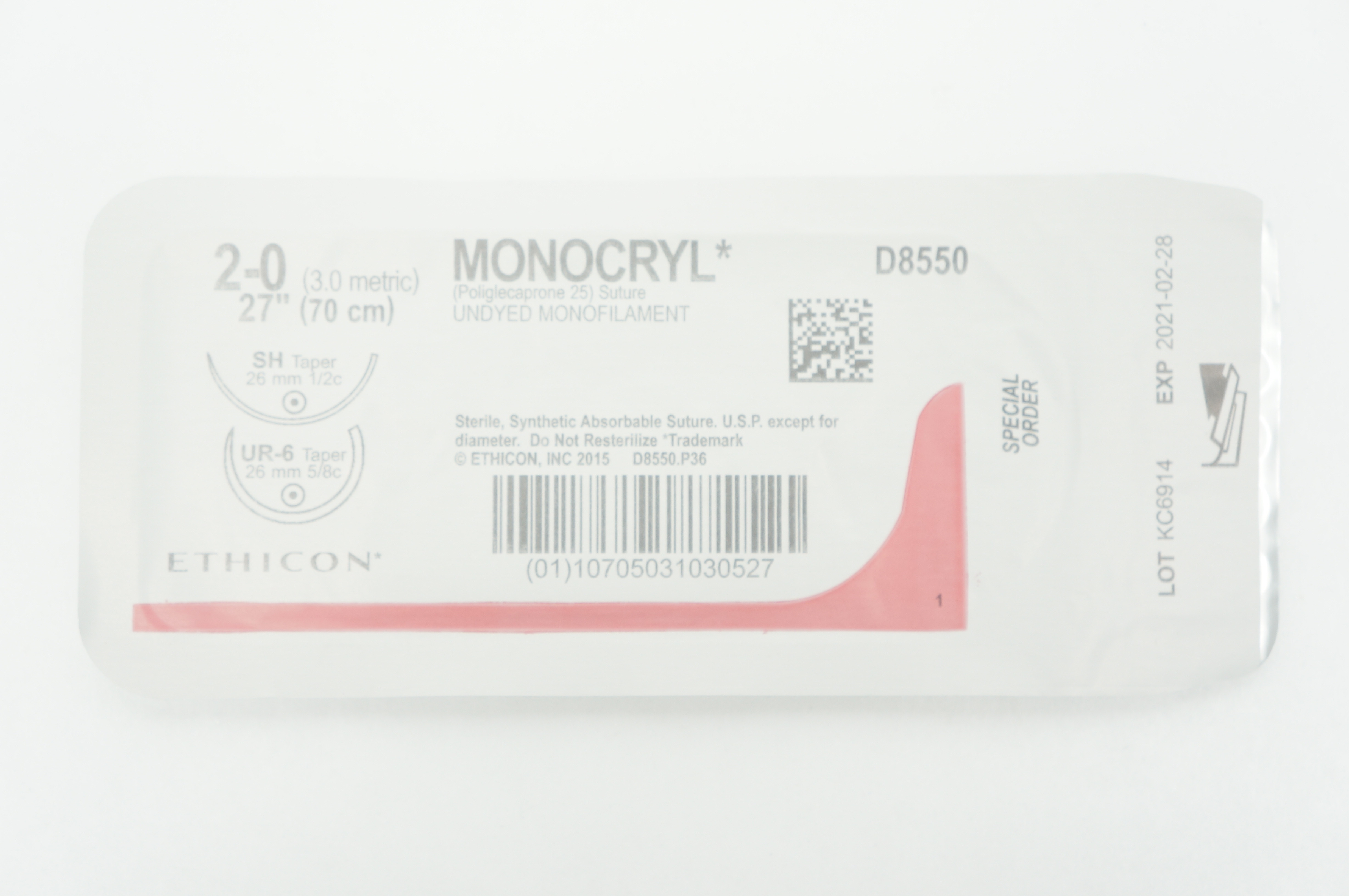 Ethicon D8550 2-0 MONOCRYL, SH, 26mm 1/2c, UR-6 26mm 5/8c, 27inch