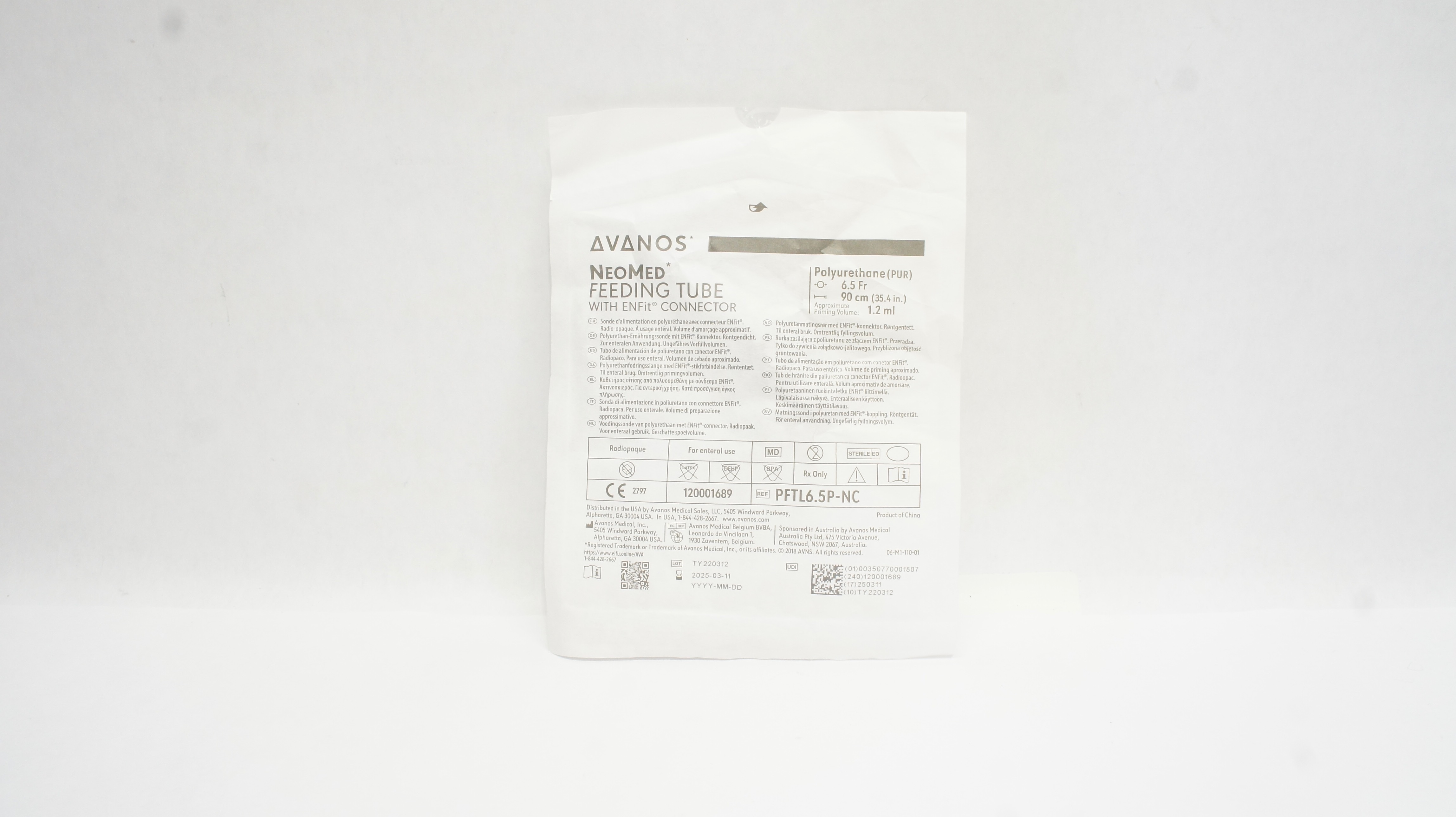 Avanos PFTL6.5P-NC NeoMed Feeding Tube w/ENFit Connector 6.5Fr x 35.4inch 1.2ml