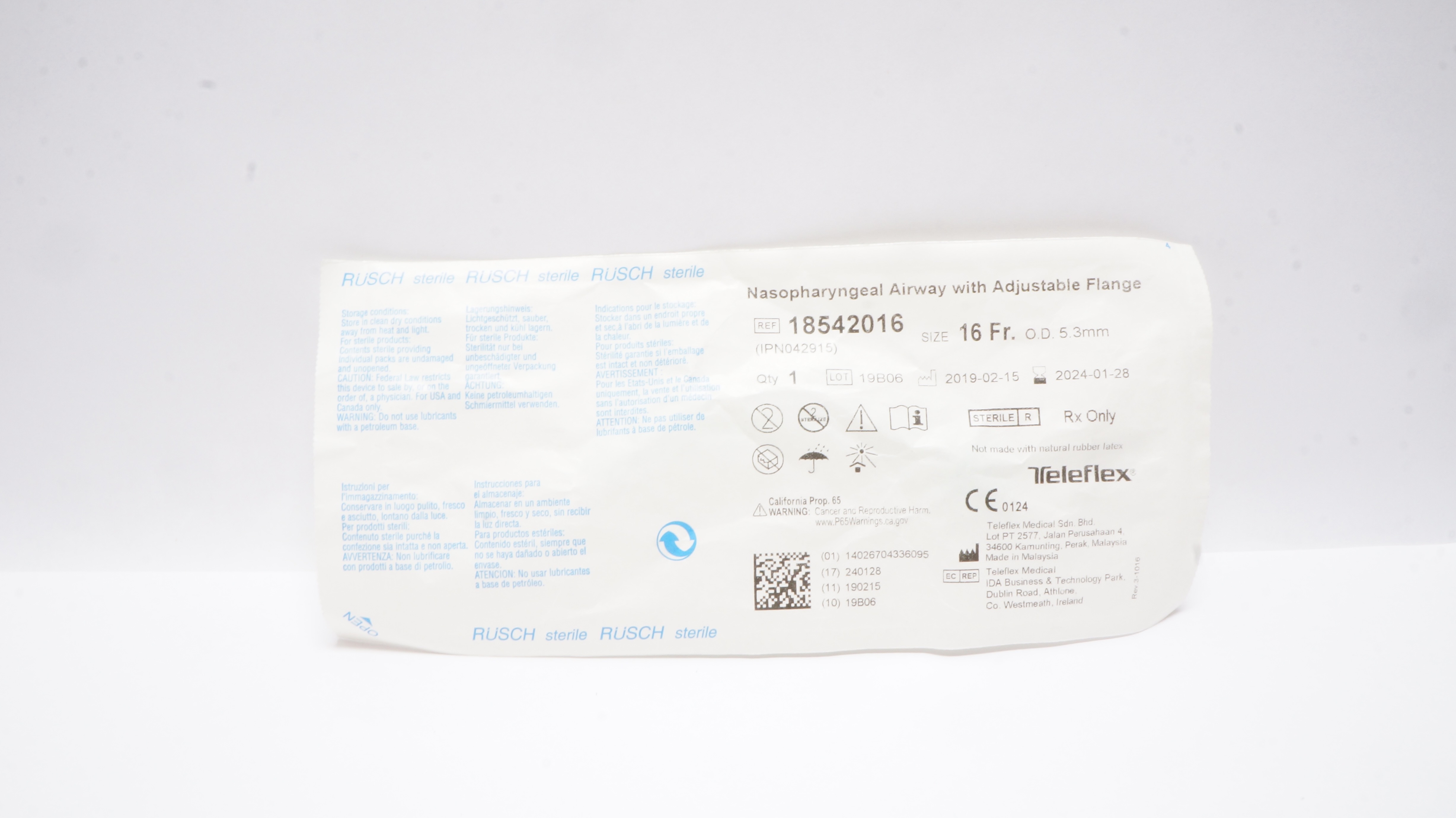 Teleflex 18542016 Rusch Nasopharyngeal Airway w/AdjustableFlange 16Fr x 5.3mm OD