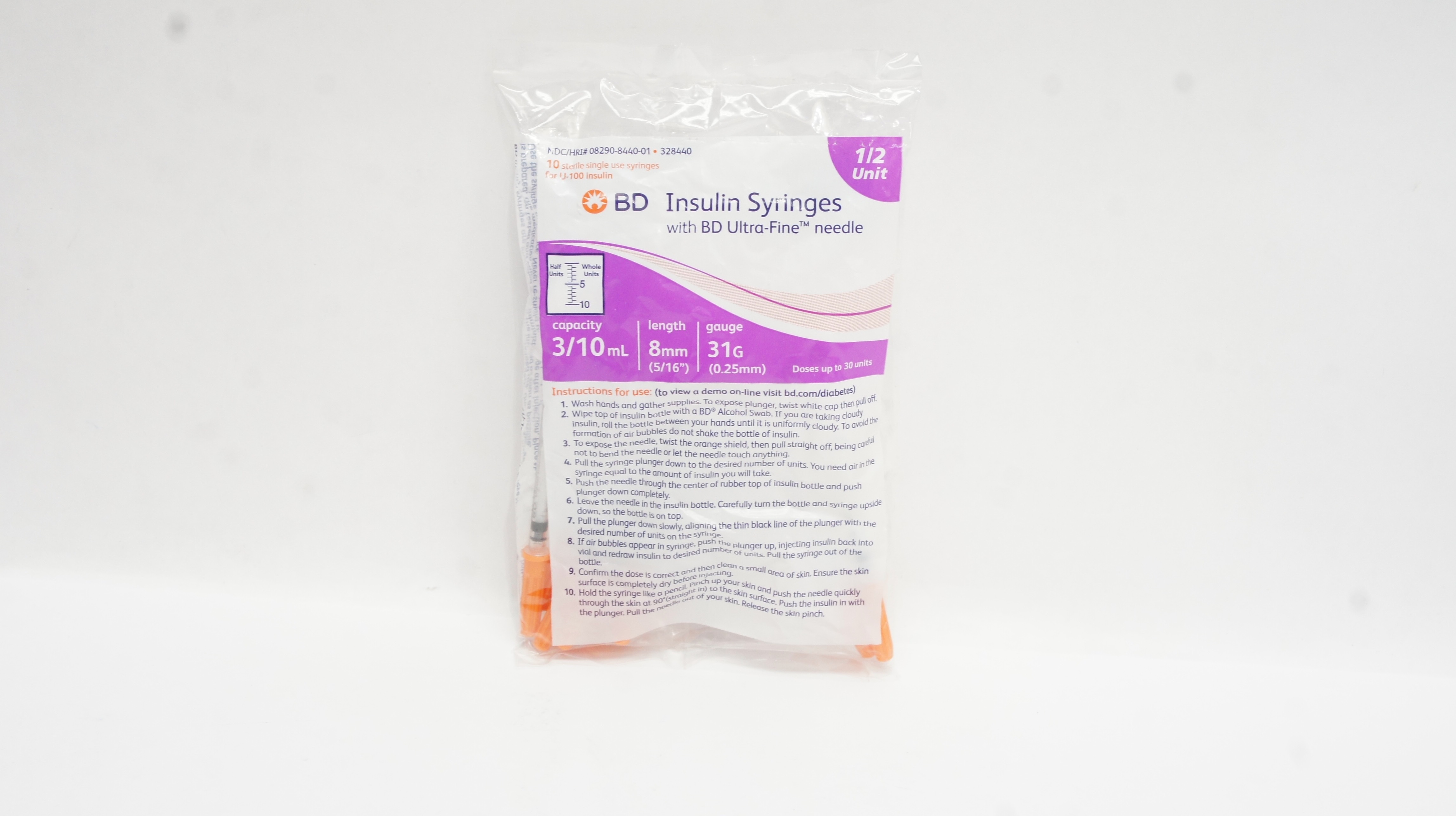 BD 328440 Insulin Syringes W/ BD Ultra Fine Ndle 1/2Unit 5/16inx31G - Pack of 10