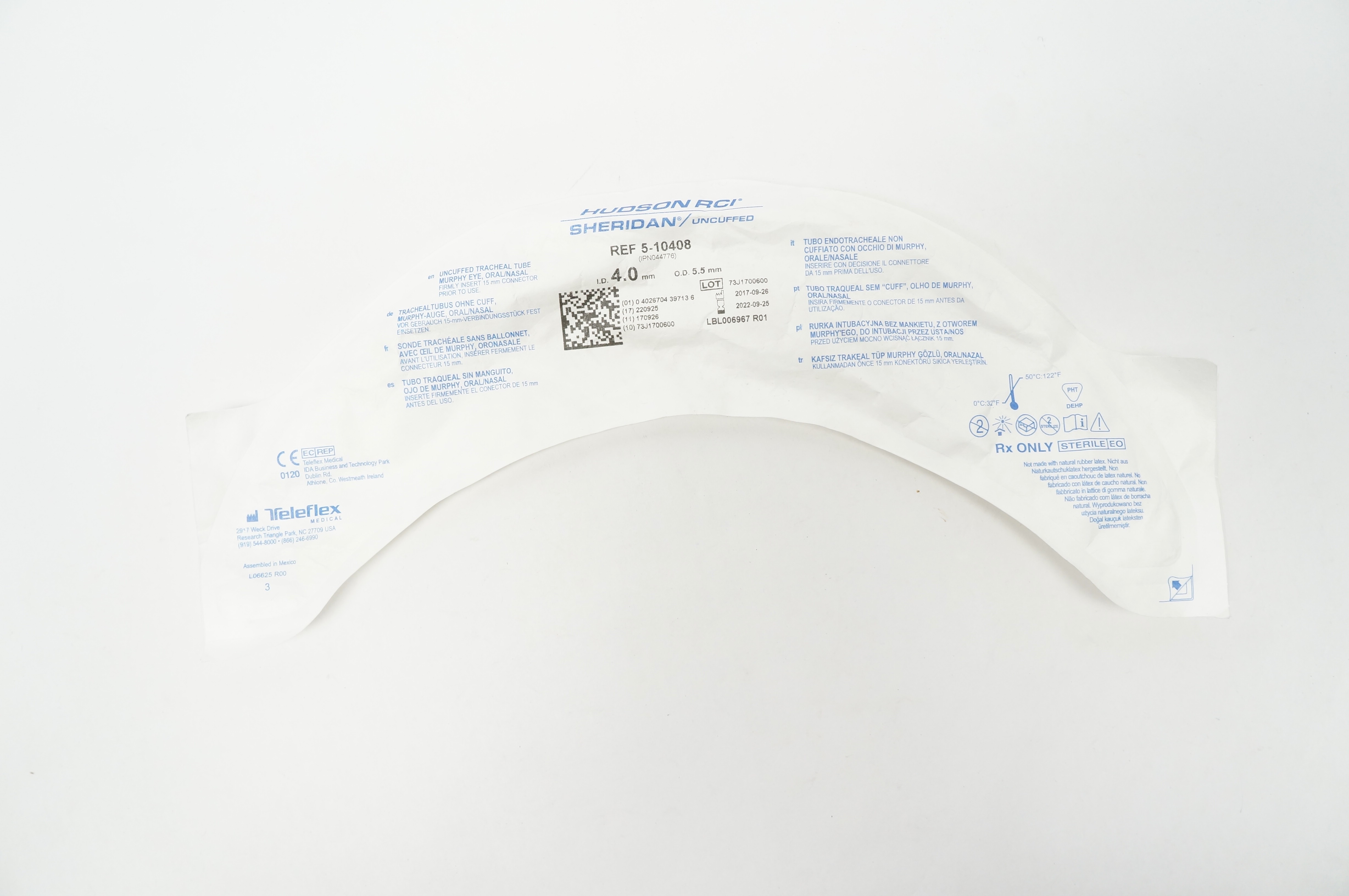 Teleflex 5-10408 Hudson RCI Sheridan Uncuffed Tracheal Tube 4.0mm x 5.5mm