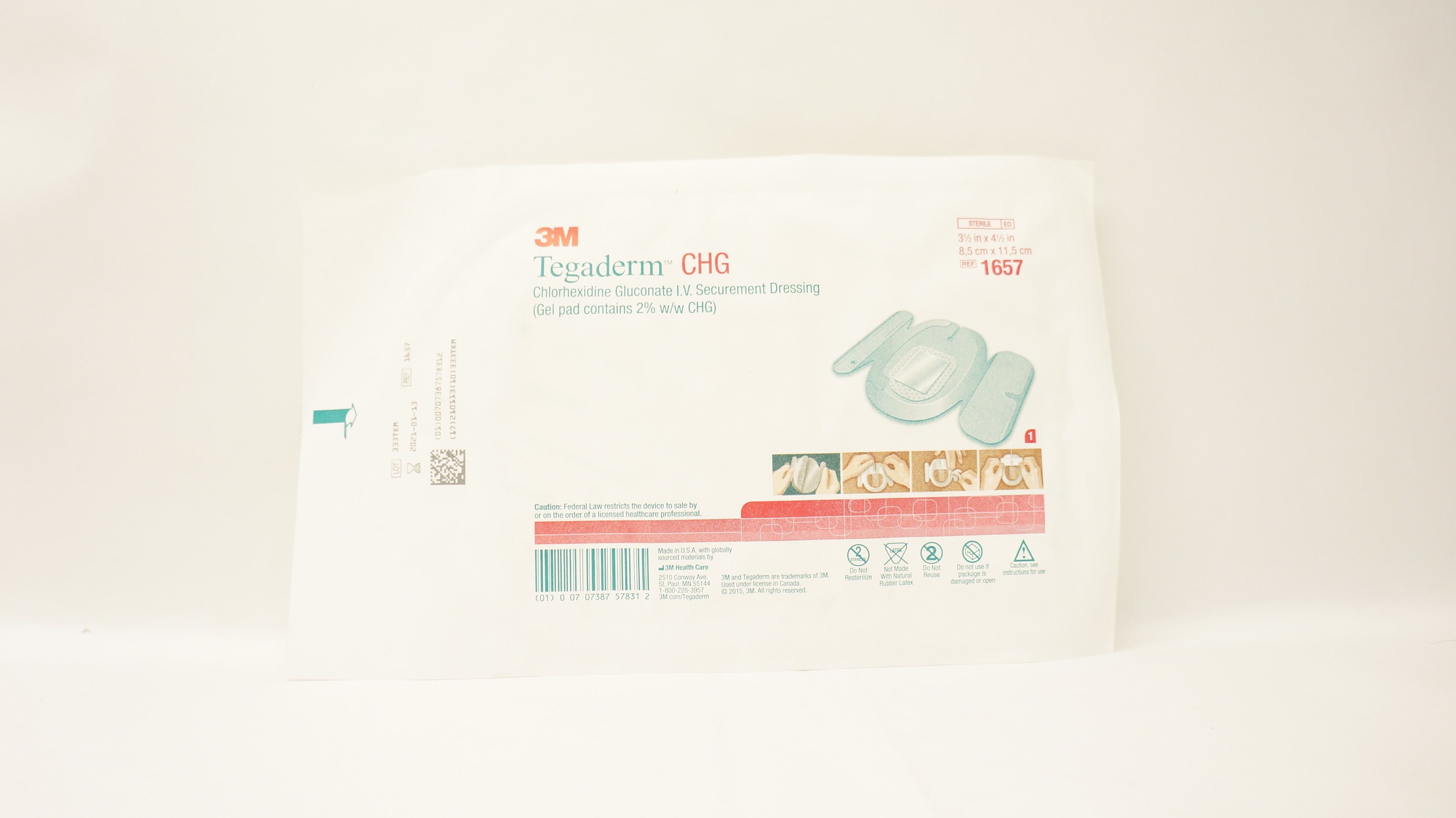 3M 1657 Tegaderm Chlorhexidine Gluconate I.V. Dressing 3 1/2 x 4 1/2inch (x)
