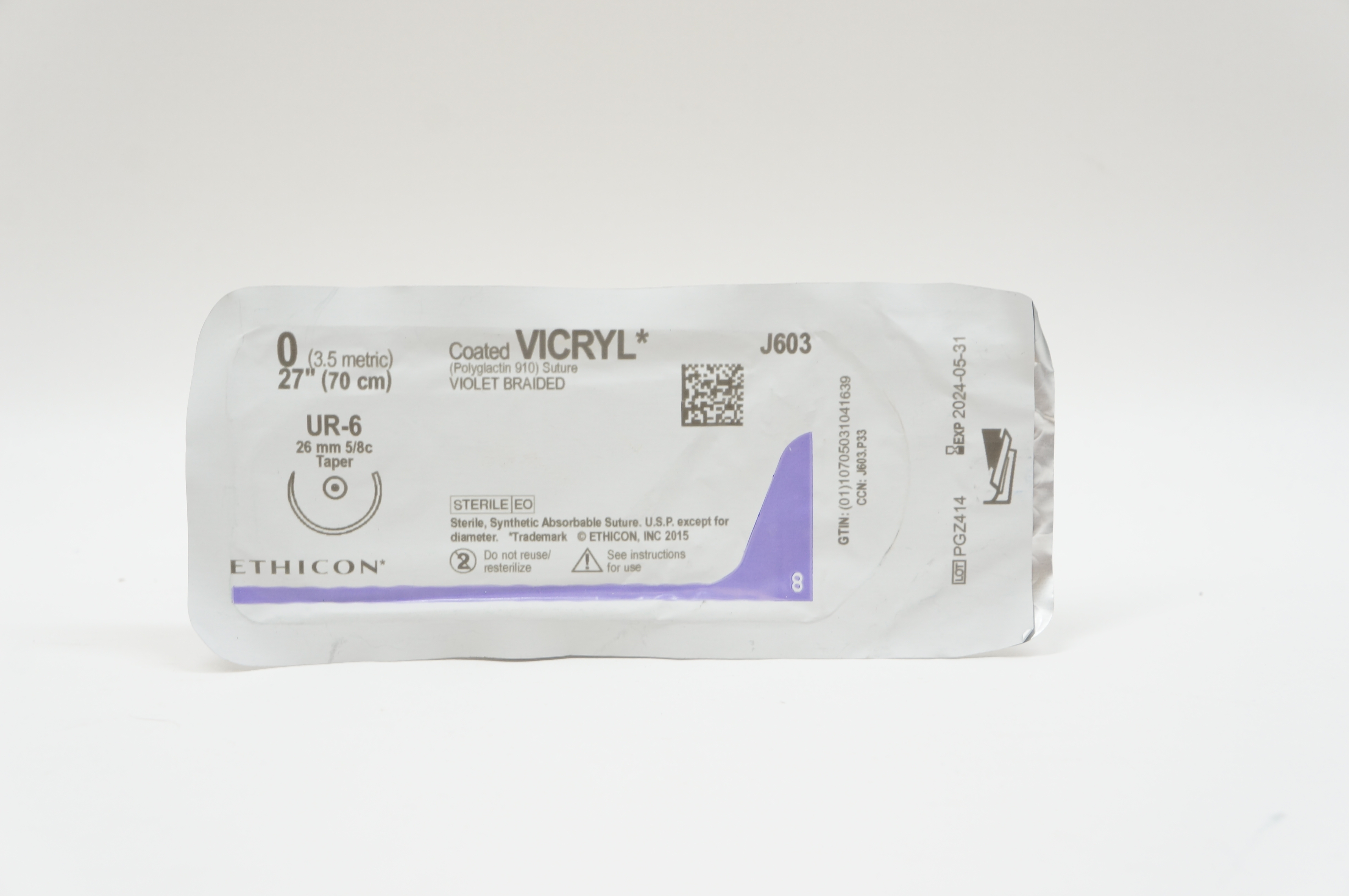 Ethicon J603 0 VICRYL, UR-6, 26mm 5/8c Taper, 27inch