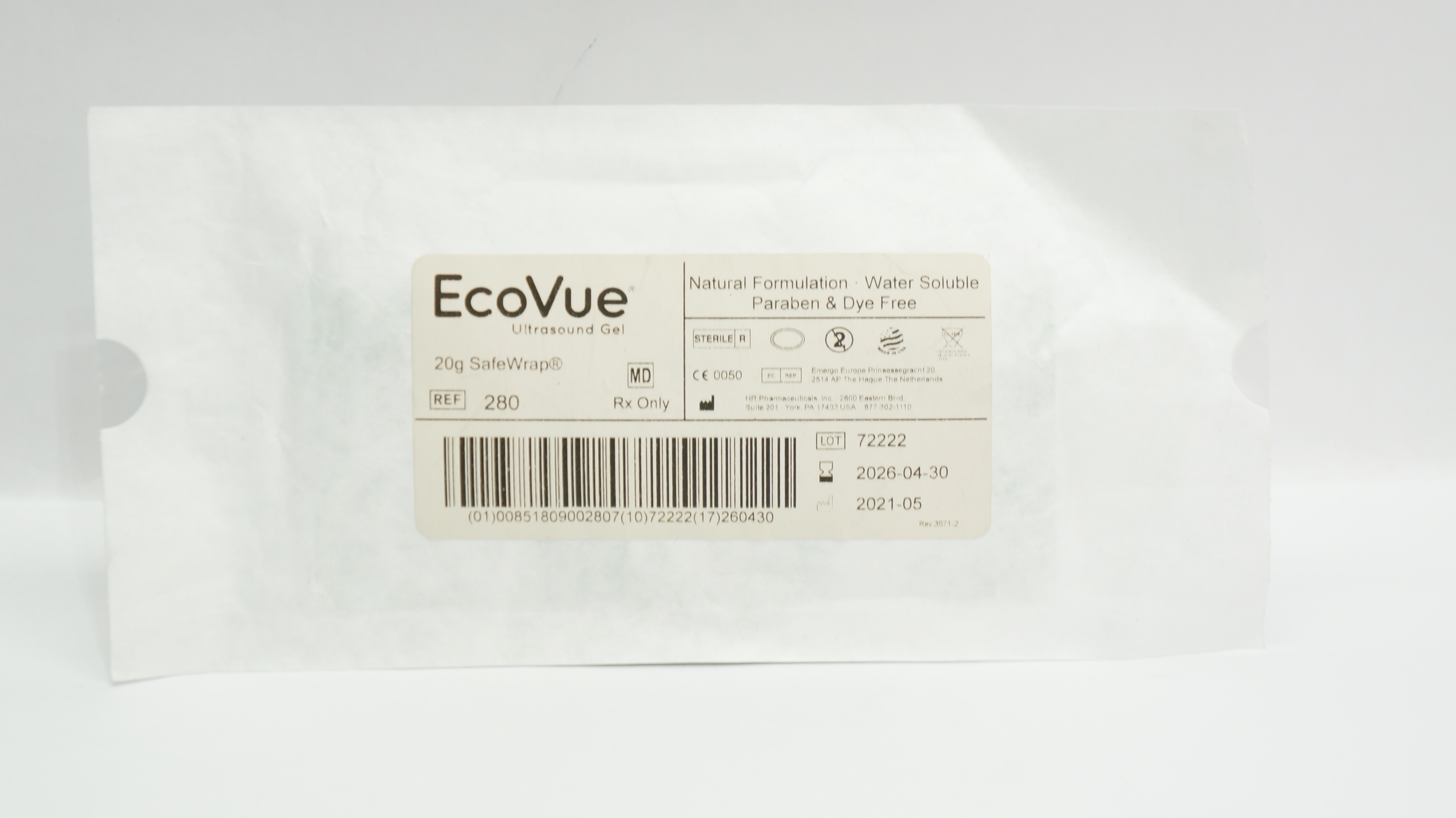 HR Pharmaceuticals 280 EcoVue Ultrasound Gel 20g Sterile SafeWrap