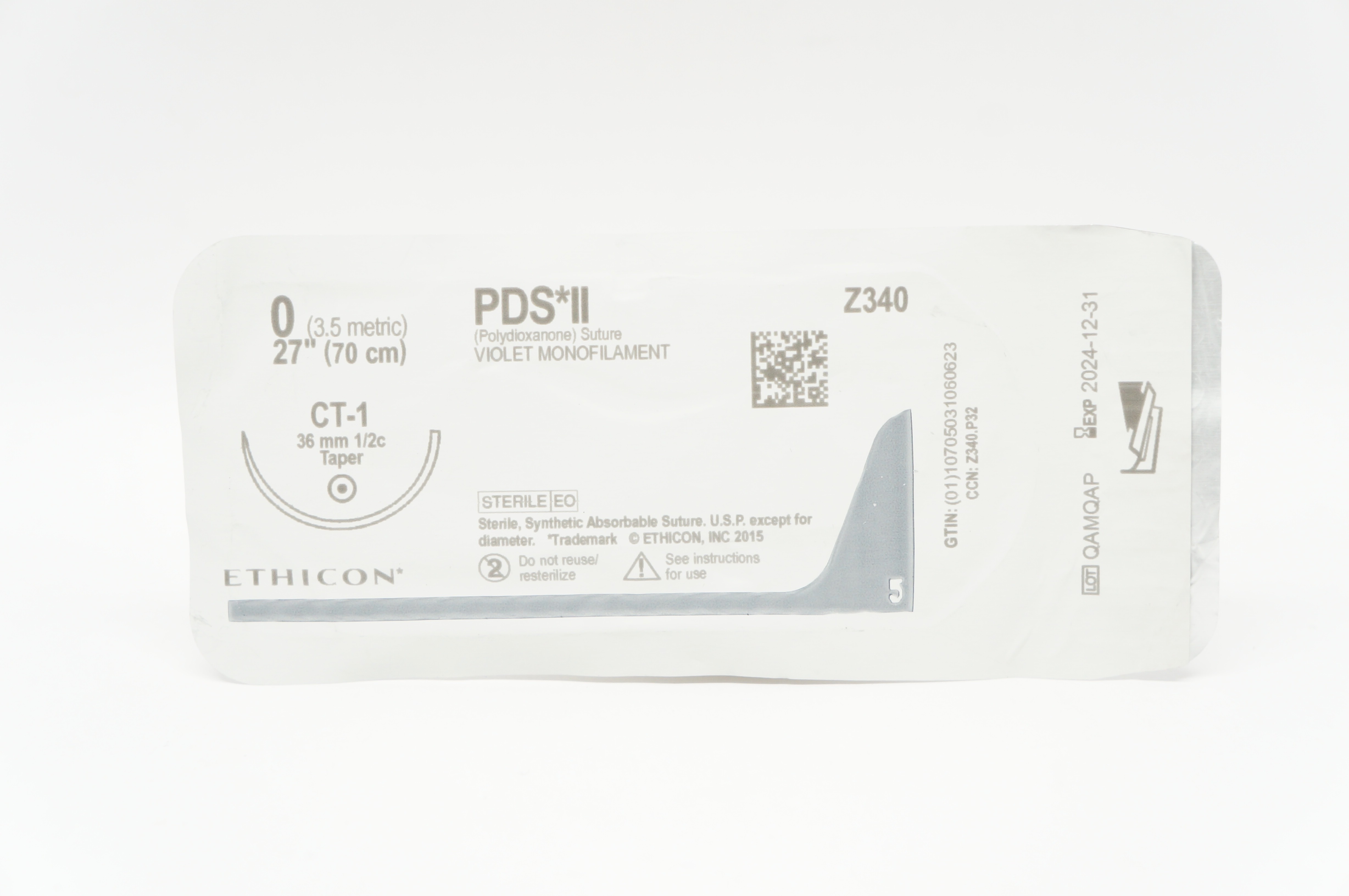 Ethicon Z340 0 PDS II Polydioxanone Stre. CT-1 36mm 1/2c Taper, 27inch