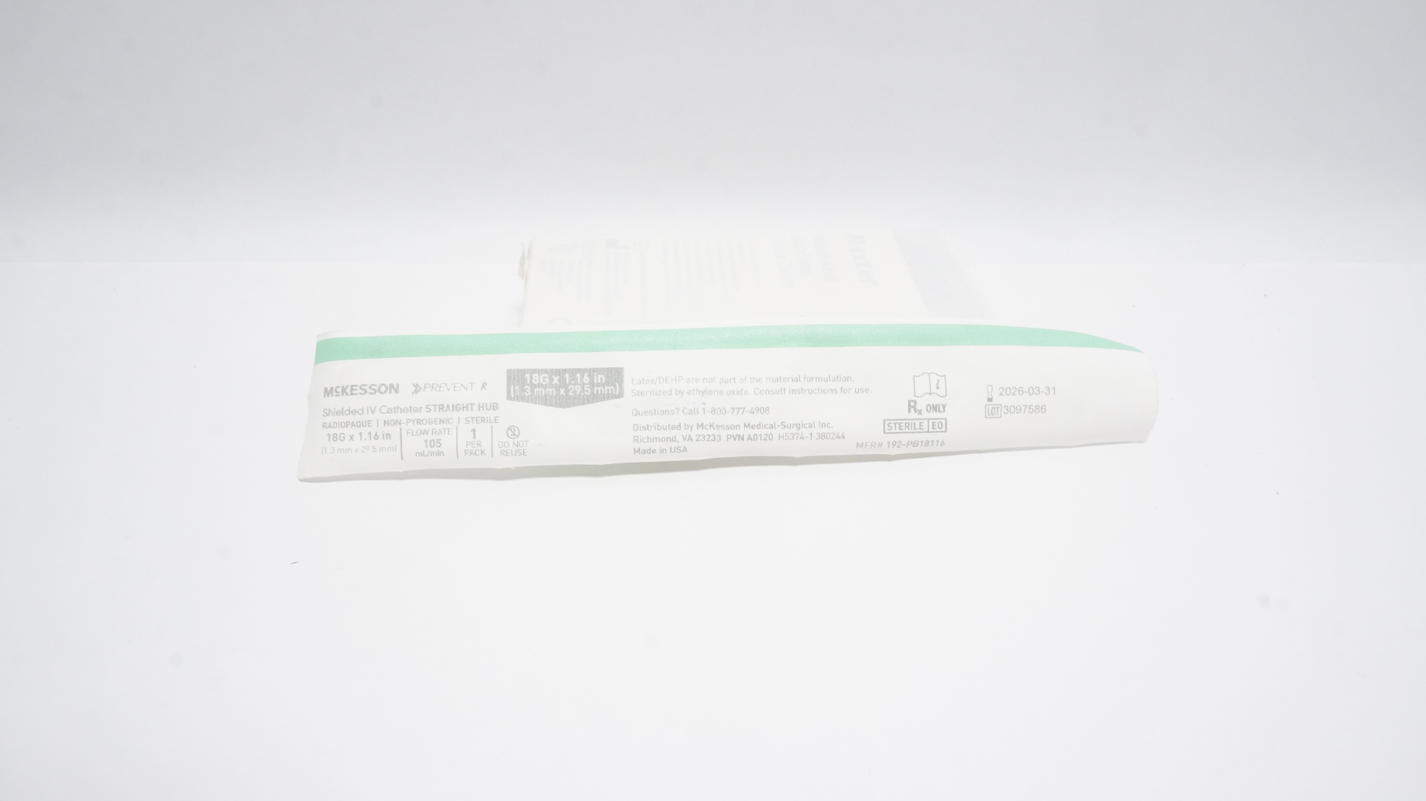 McKesson 192-PB18116 Prevent R Shielded IV Cath. 18G x 1.16in, Straight Hub