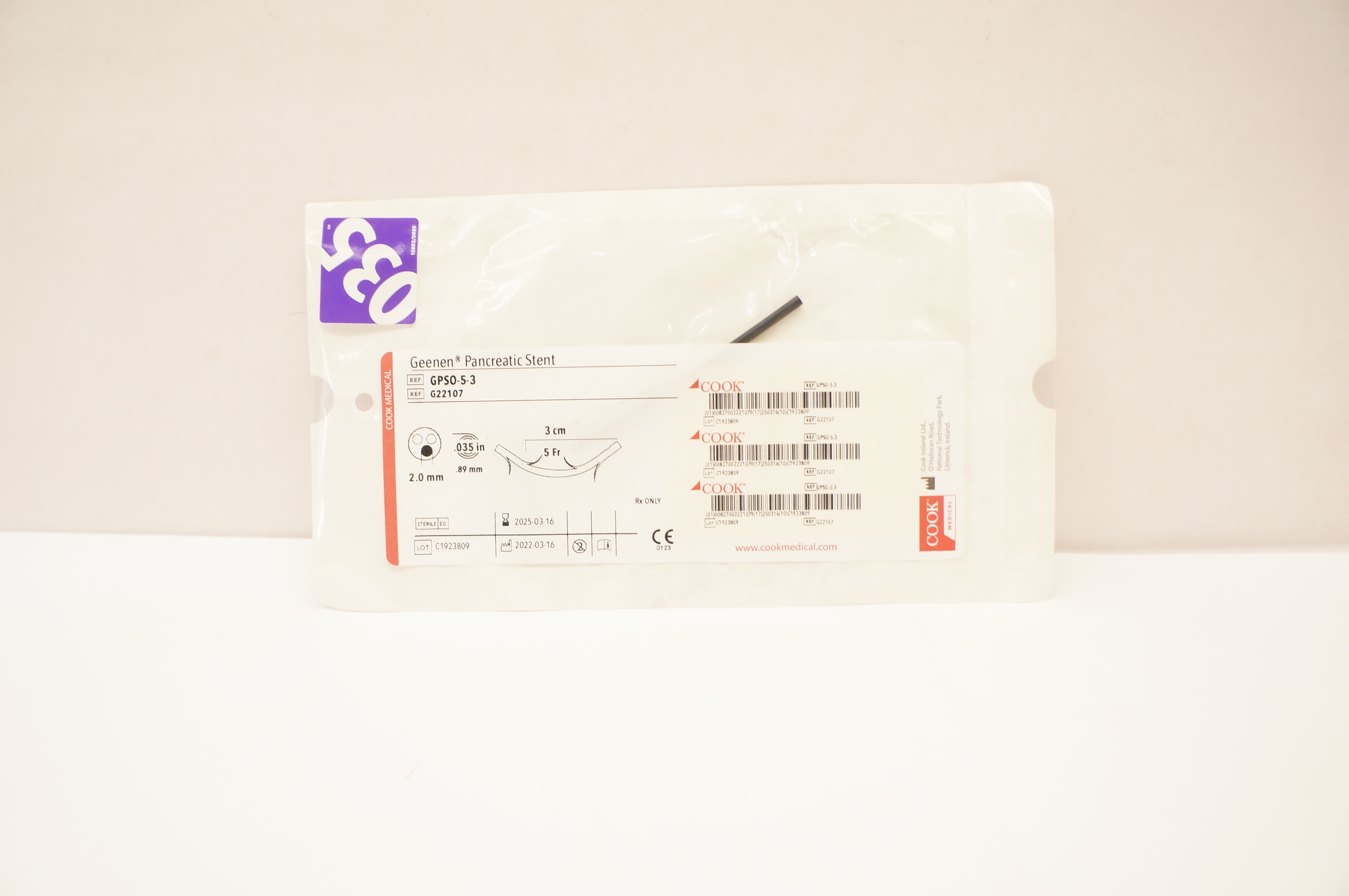 Cook Medical G22107 Geenen Pancreatic Stnt 5 Fr x 2mm x .035 inch