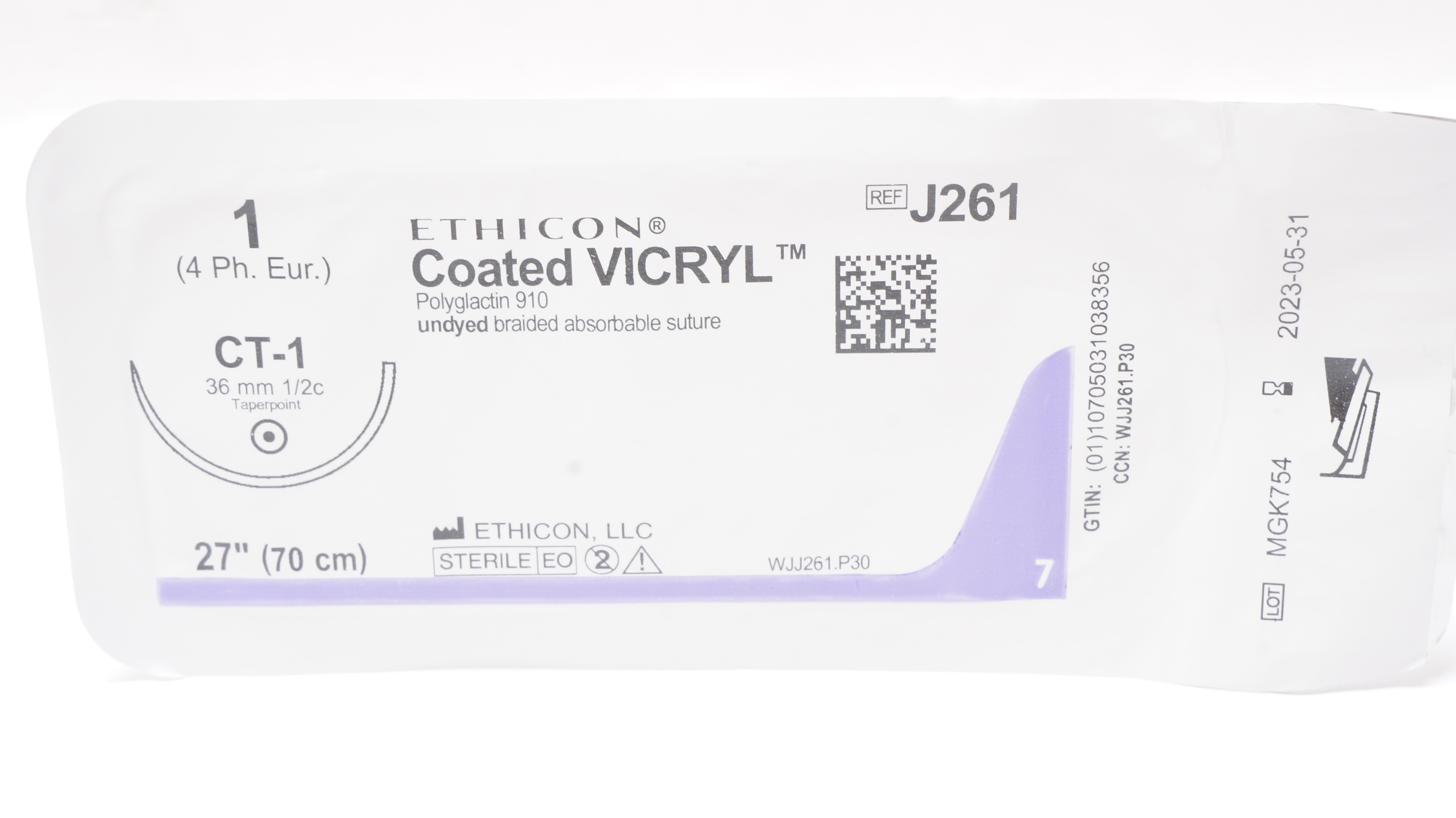 Ethicon J261 1 Coated VICRYL Braided Stre, CT-1 36mm 1/2c Taperpoint, 27inch (x)
