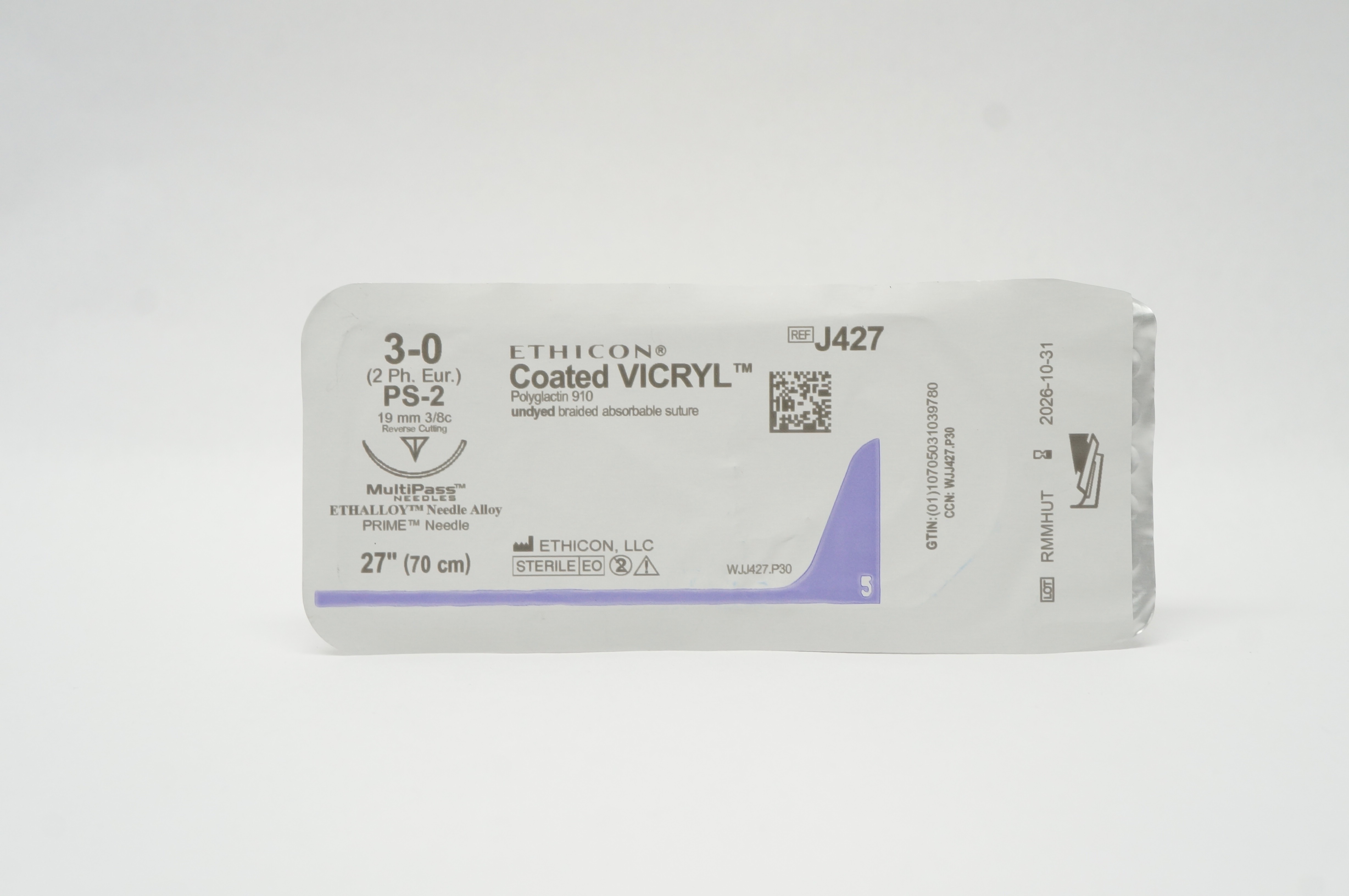 Ethicon J427 3-0 Coated VICRYL Stre PS-2 19mm 3/8c Reverse Cutting 27inch