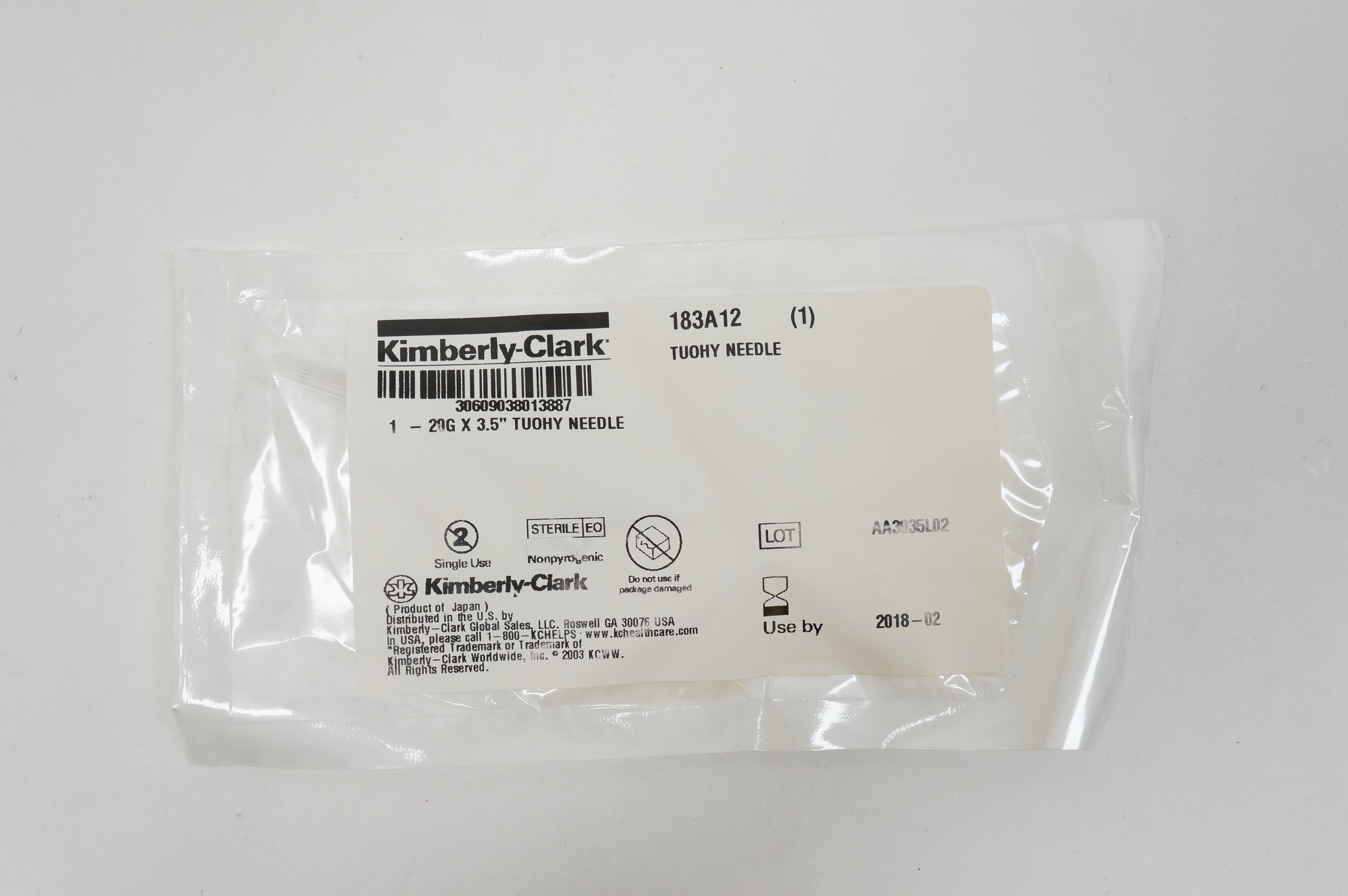 Kimberly-Clark 183A12 Tuohy Ndle 20G x 3-1/2inch (x)