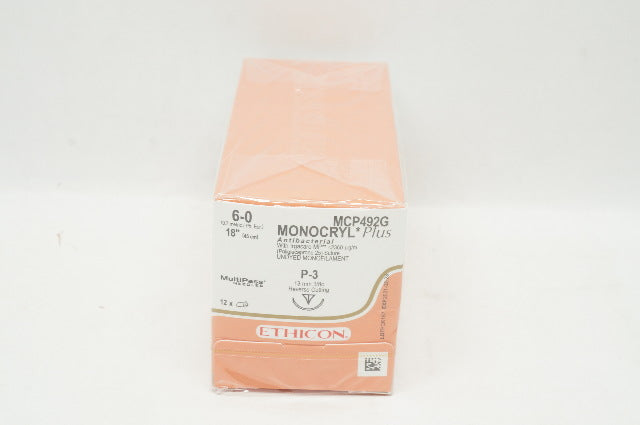 Ethicon MCP492G 6-0 MONOCRYL Plus, P-3, 13mm 3/8c, 18inch (x) - Box of 12