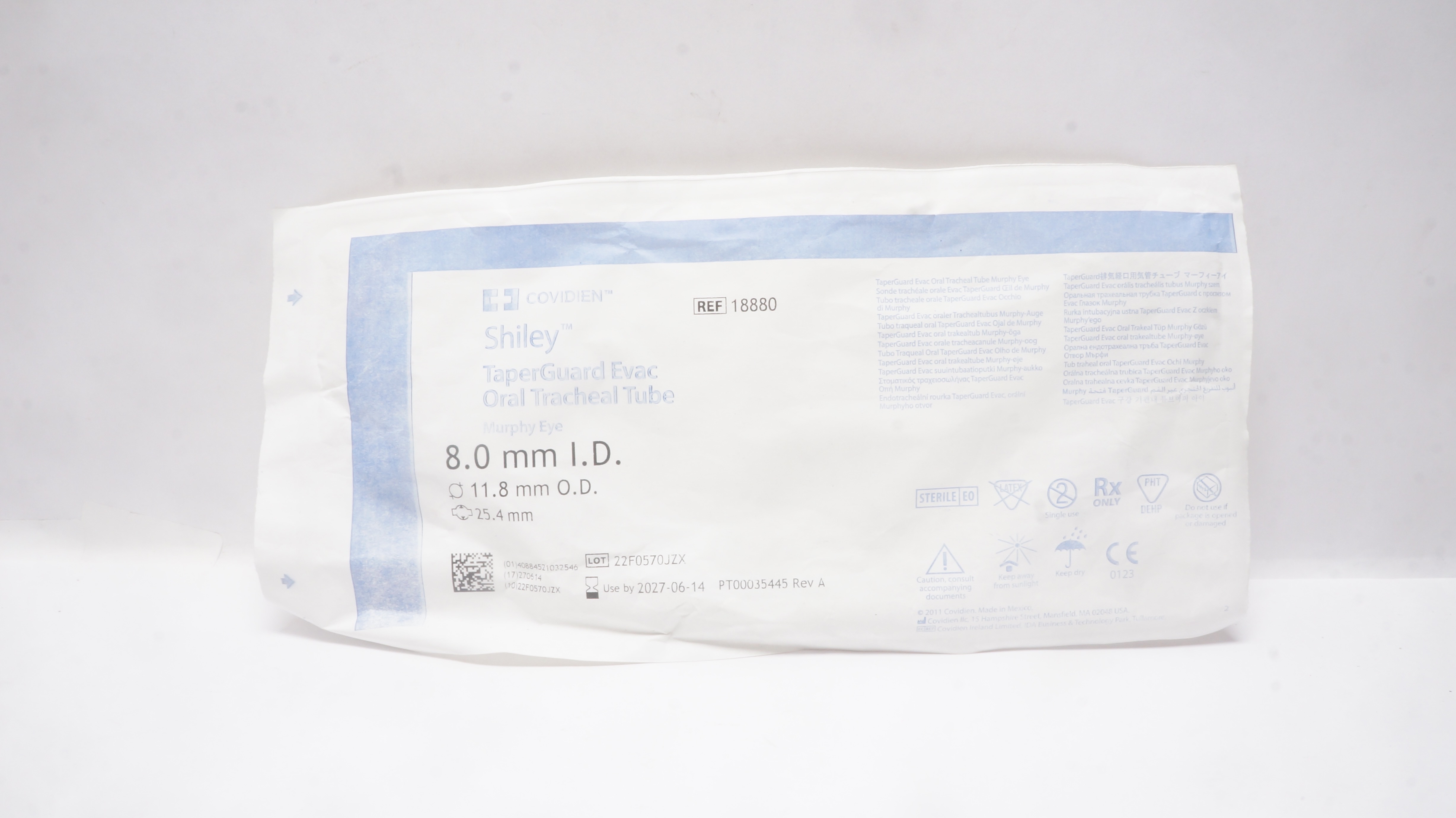 Covidien 18880 Shiley TaperGuard Evac Oral Tracheal Tube 8.0mm ID x 11.8mm OD