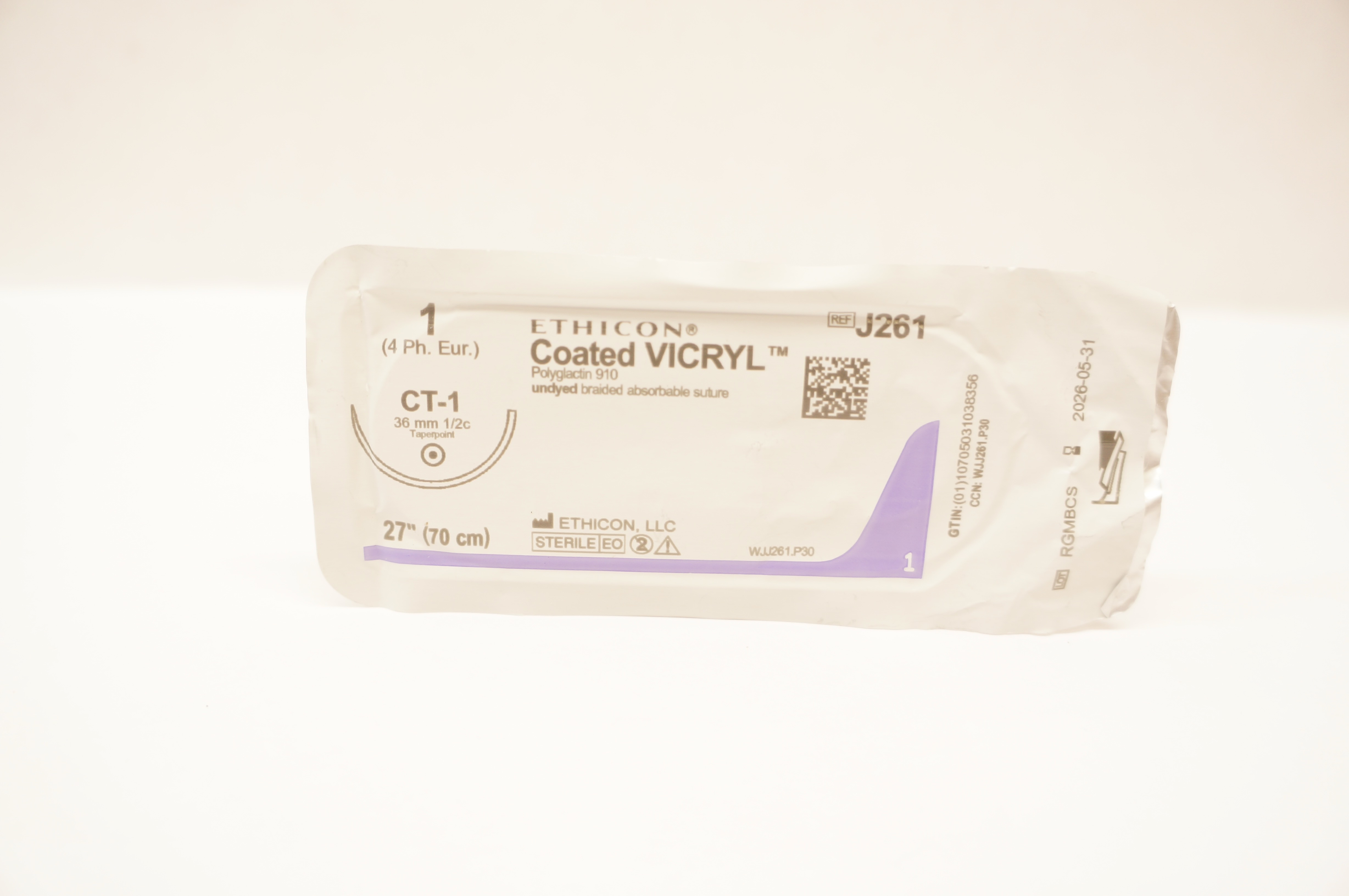 Ethicon J261 1 Coated VICRYL Stre CT-1 36mm 1/2c Taperpoint, 27inch