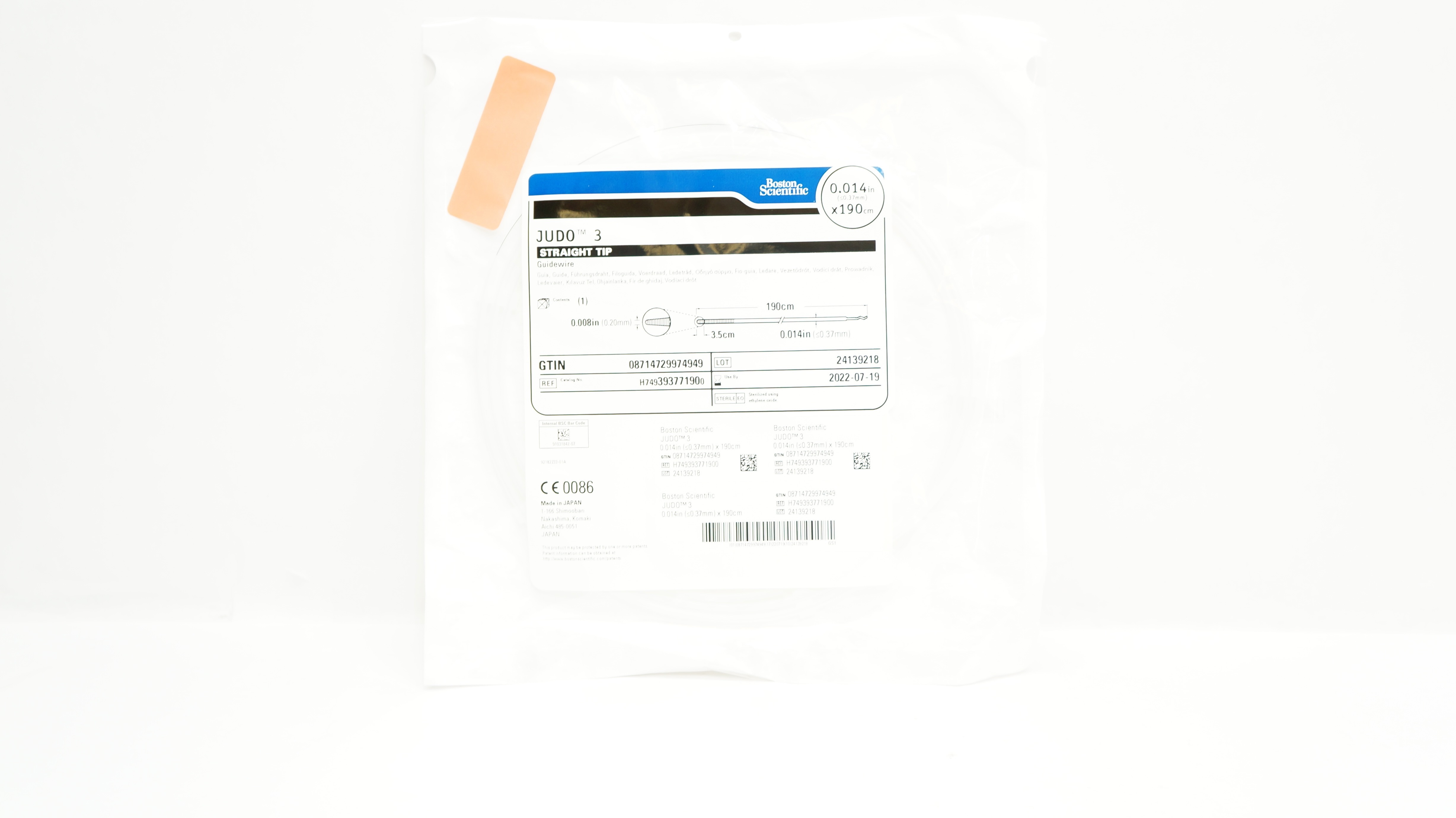 Boston Scientific 39377190 JUDO 3 Guidewire, Straight Tip 0.014inch x 190cm (x)