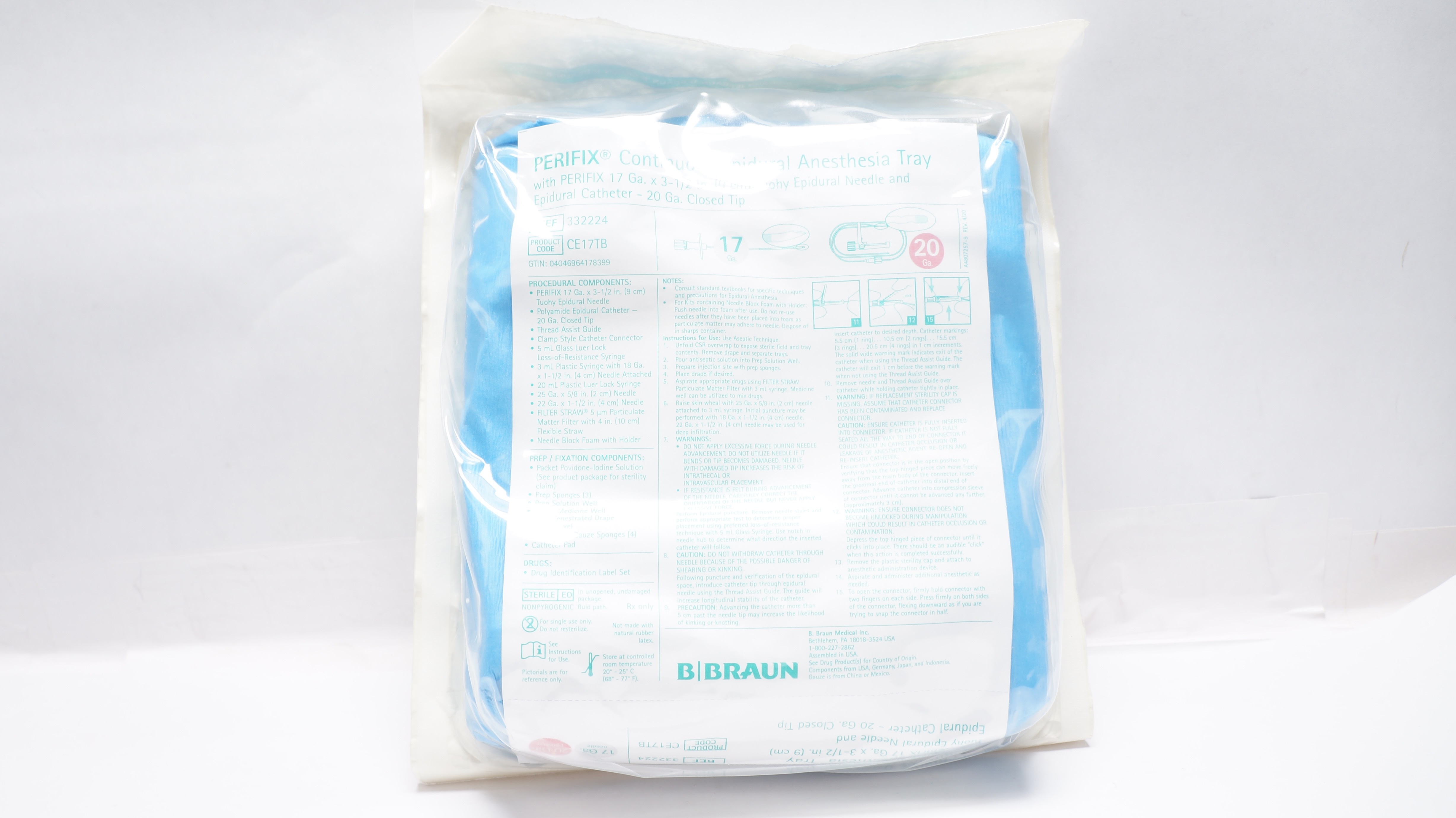 Braun 332224 Perifix Continuous Epidural Anesthesia Tray w/Cath. 20G (x)