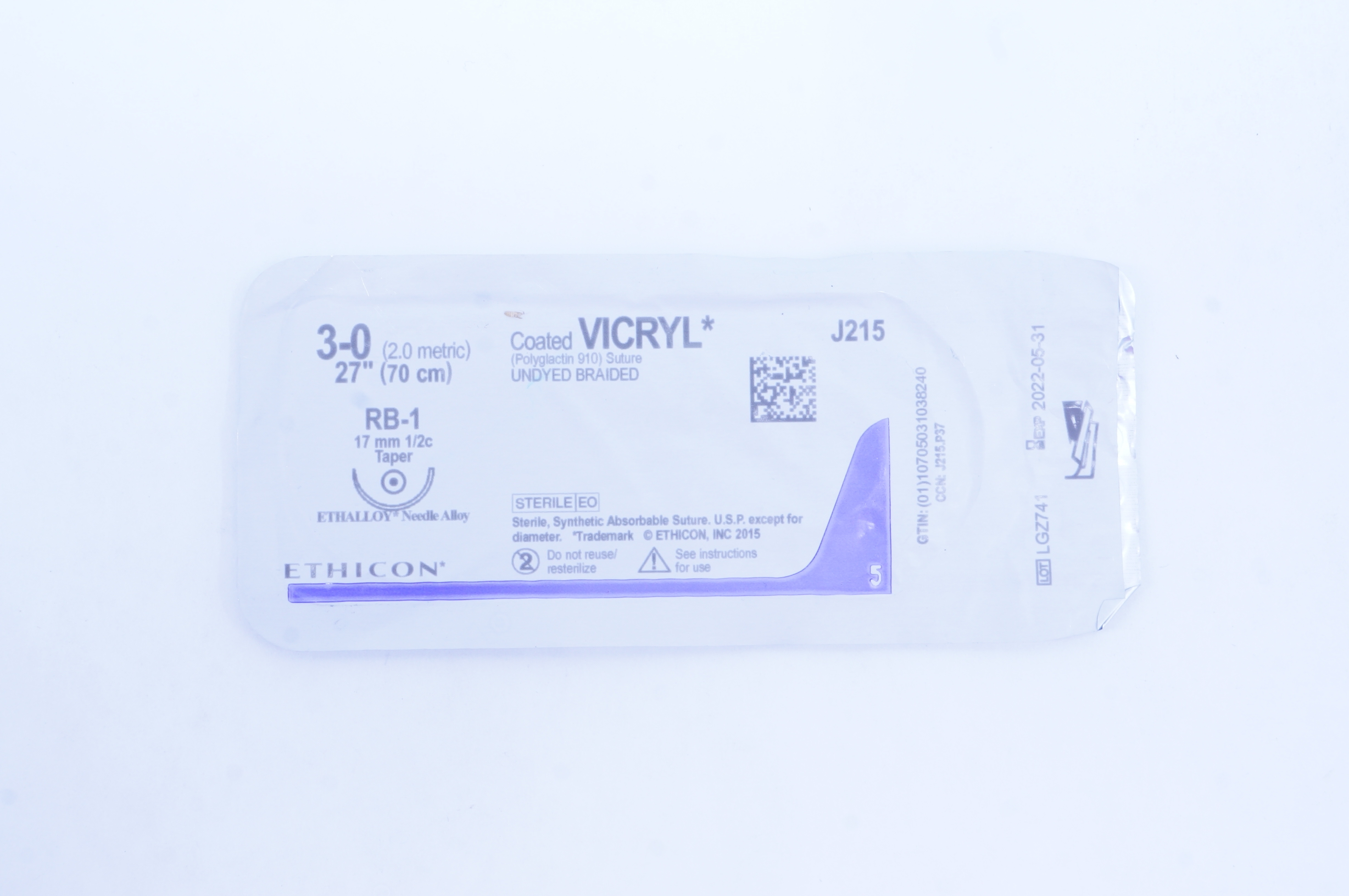 Ethicon J215 3-0 Coated VICRYL Polyglactin Stre, RB-1 17mm 1/2c Taper, 27inch