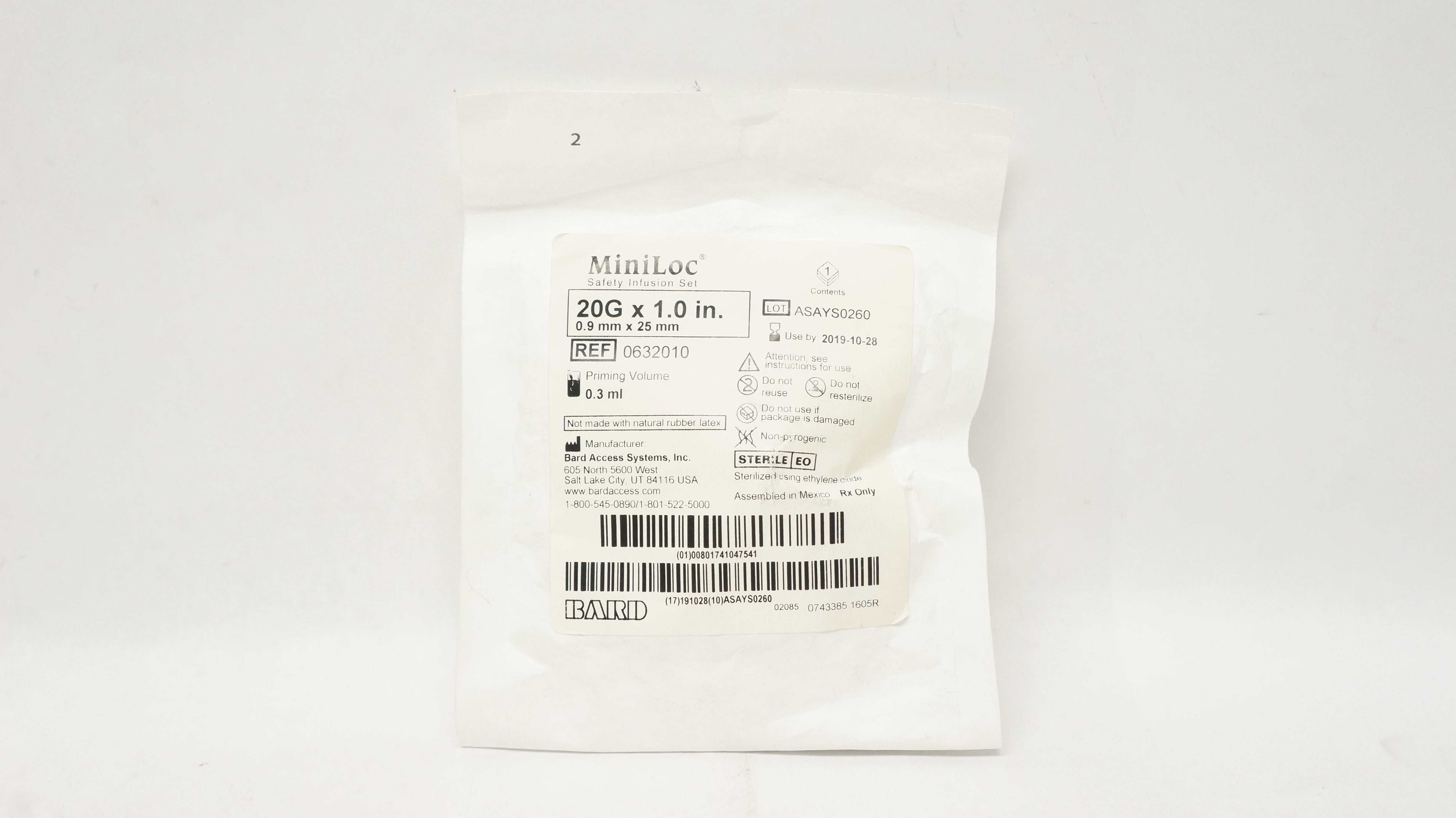 Bard 0632010 MiniLoc Safety Infusion Set 20G x 1.0inch Priming Volume 0.3mL (x)
