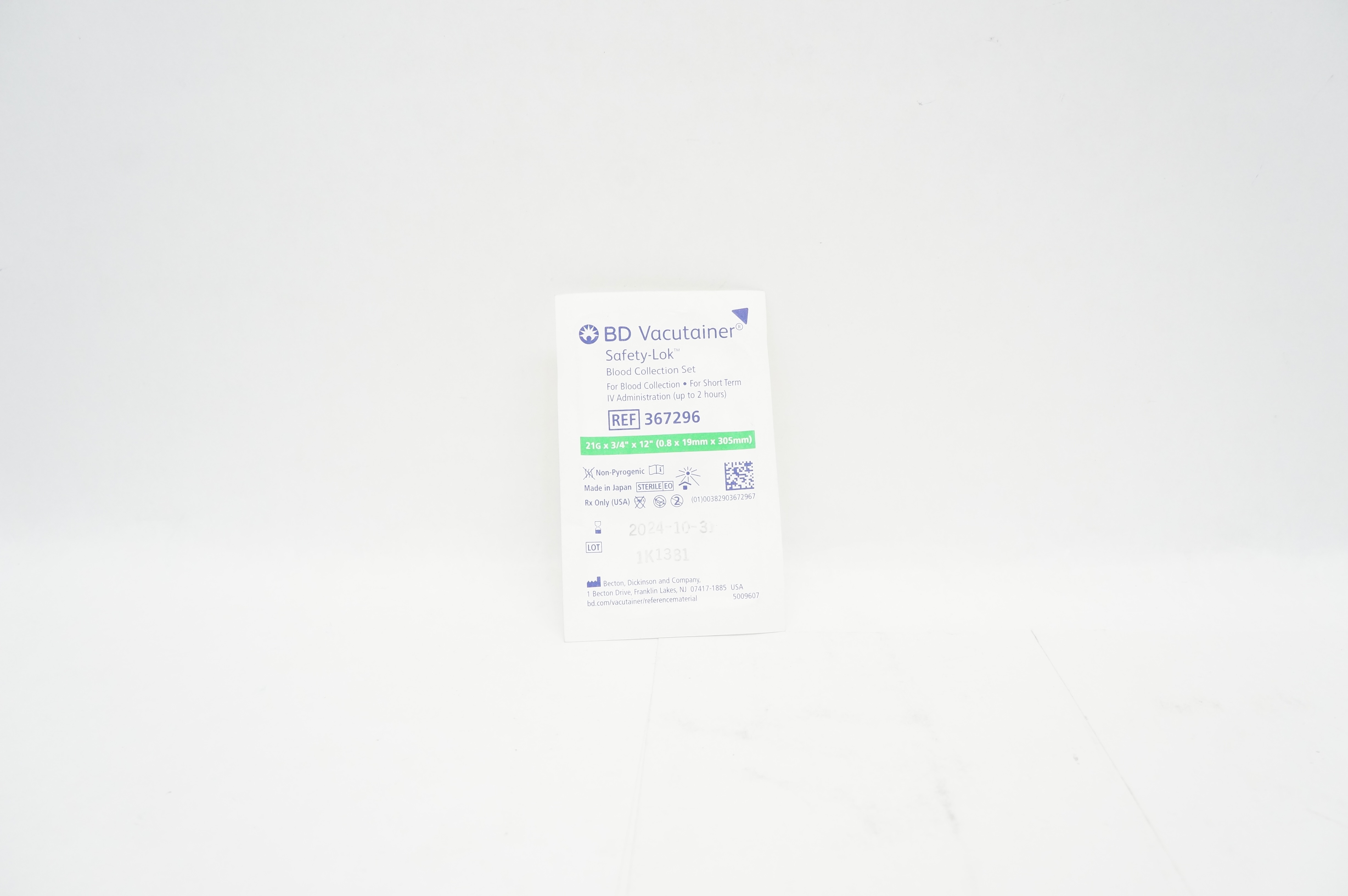 BD 367296 Vacutainer Safety-Lok Blood Collection Set 21G x 3/4 x 12inch
