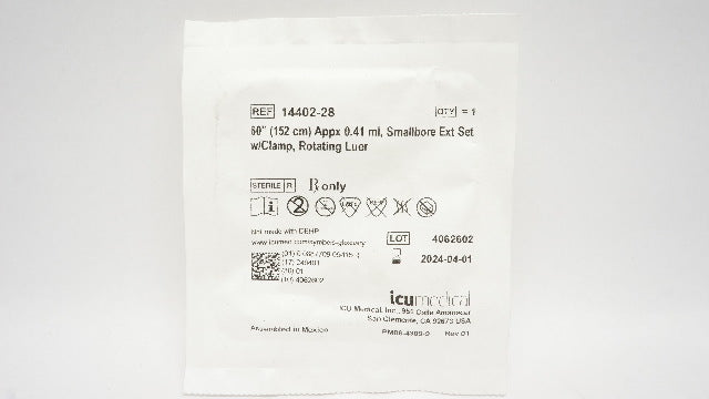 IcuMedical 14402-28 Smallbore Ext Set W/Clamp, Rotating Luer 60inch Appx 0.41ml