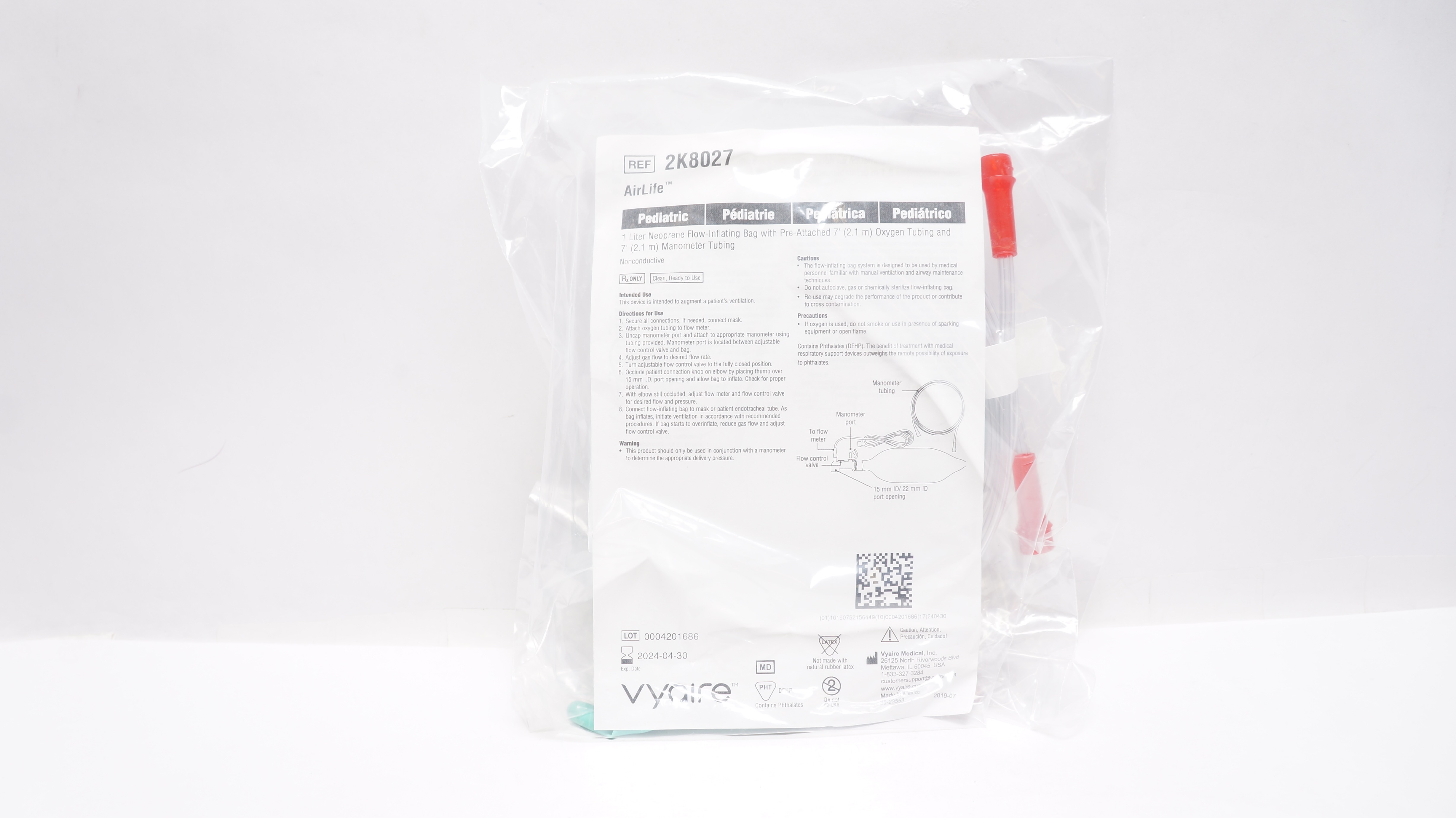 Vyaire 2K8027 AirLife Pediatric 1L Flow-Inflating Bag W/Oxygen Mask & Tubing 7Ft