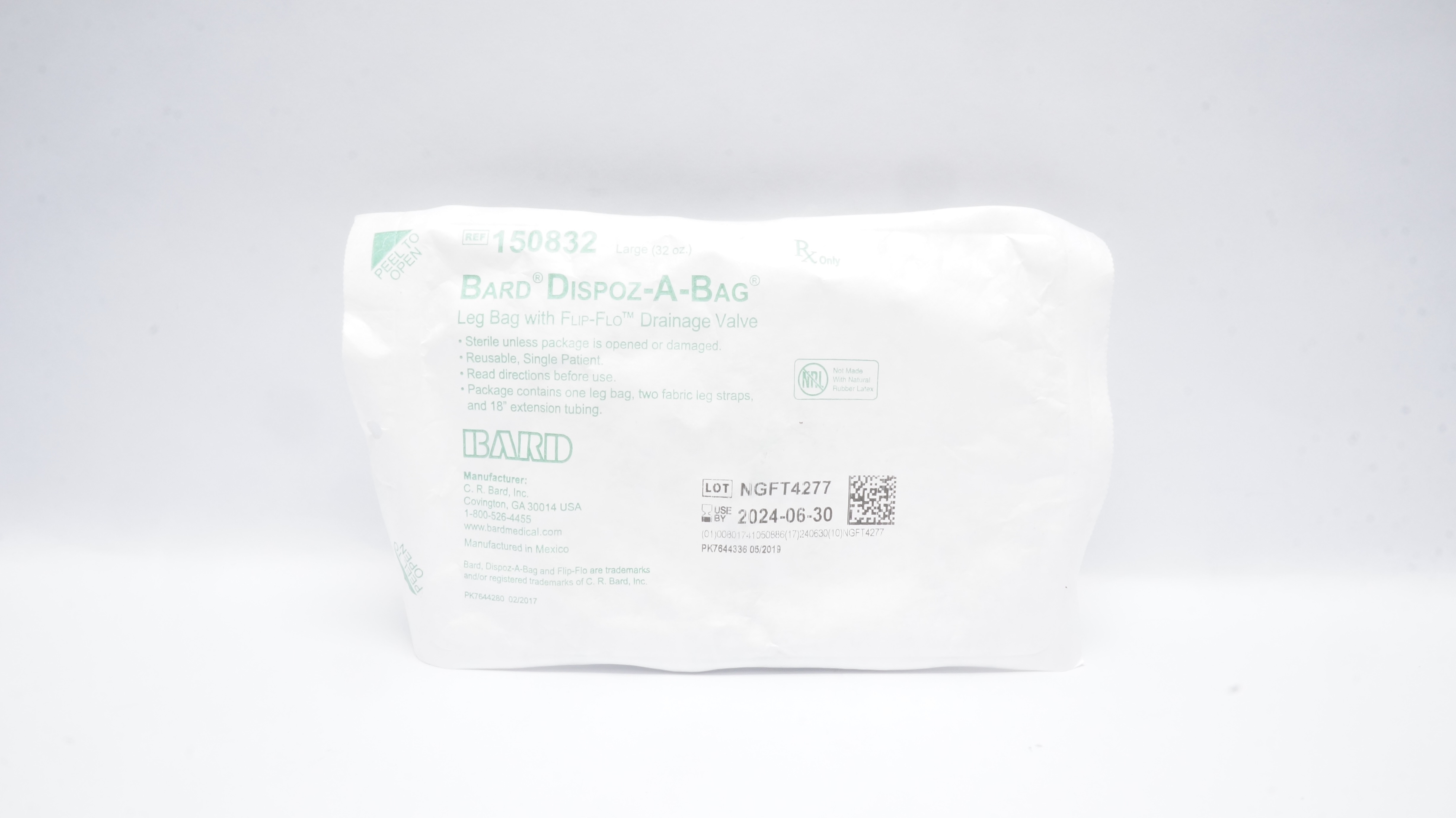 Bard 150832 Dispoz-A-Bag Leg Bag w/ Flip-Flo Drainage Valve Large 32oz. (x)