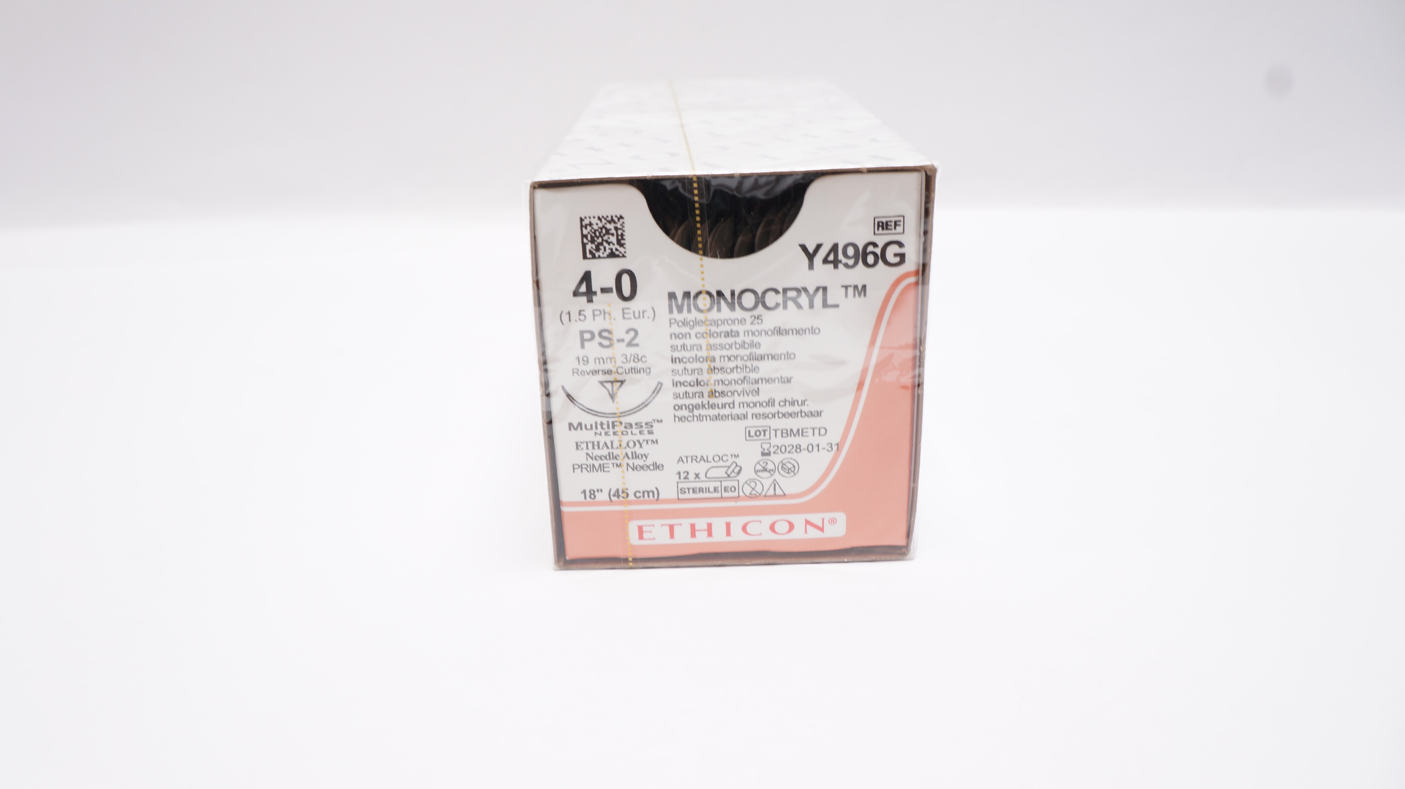 Ethicon Y496G 4-0 Monocryl PS-2 19mm 3/8c Reverse Cutting 18in. - Box of 12